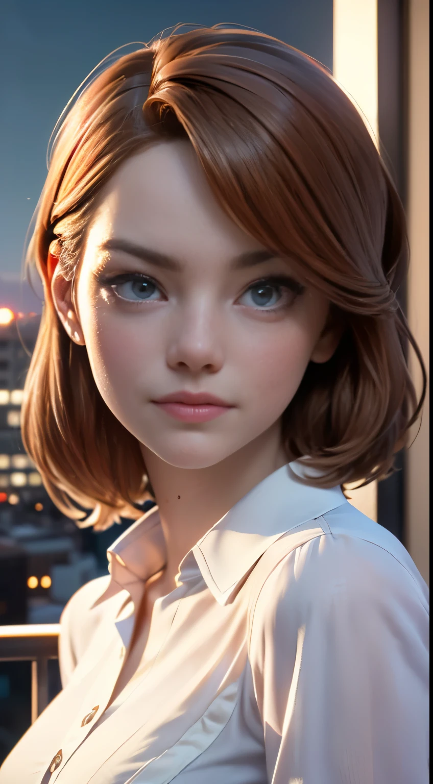 photo of Emma Stone, RAW, beautiful woman, ((portrait)), ((detailed face:1.2)), ((detailed facial feature, detailed skin, clear skin), (perfect proportioned body), (wearing a shirt dress) (high detailed city environment, apartment balcony), (realistic photo, best quality, detailed), (8k wallpaper), (cinematic lighting, dramatic lighting) (sharp focus, intricate)