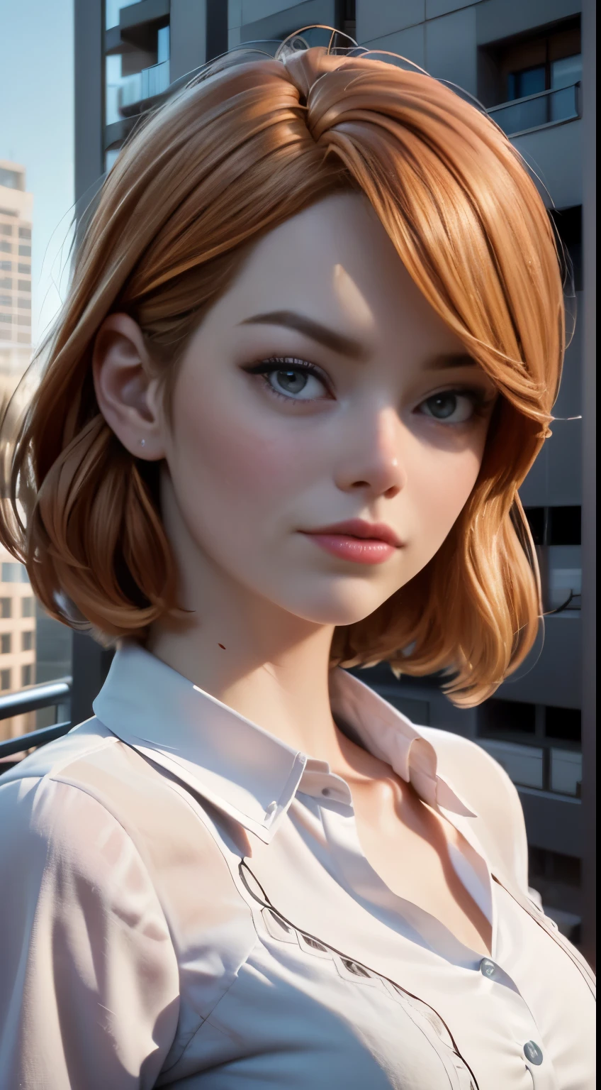 photo of Emma Stone, RAW, beautiful woman, ((portrait)), ((detailed face:1.2)), ((detailed facial feature, detailed skin, clear skin), (perfect proportioned body), (wearing a shirt dress) (high detailed city environment, apartment balcony), (realistic photo, best quality, detailed), (8k wallpaper), (cinematic lighting, dramatic lighting) (sharp focus, intricate)