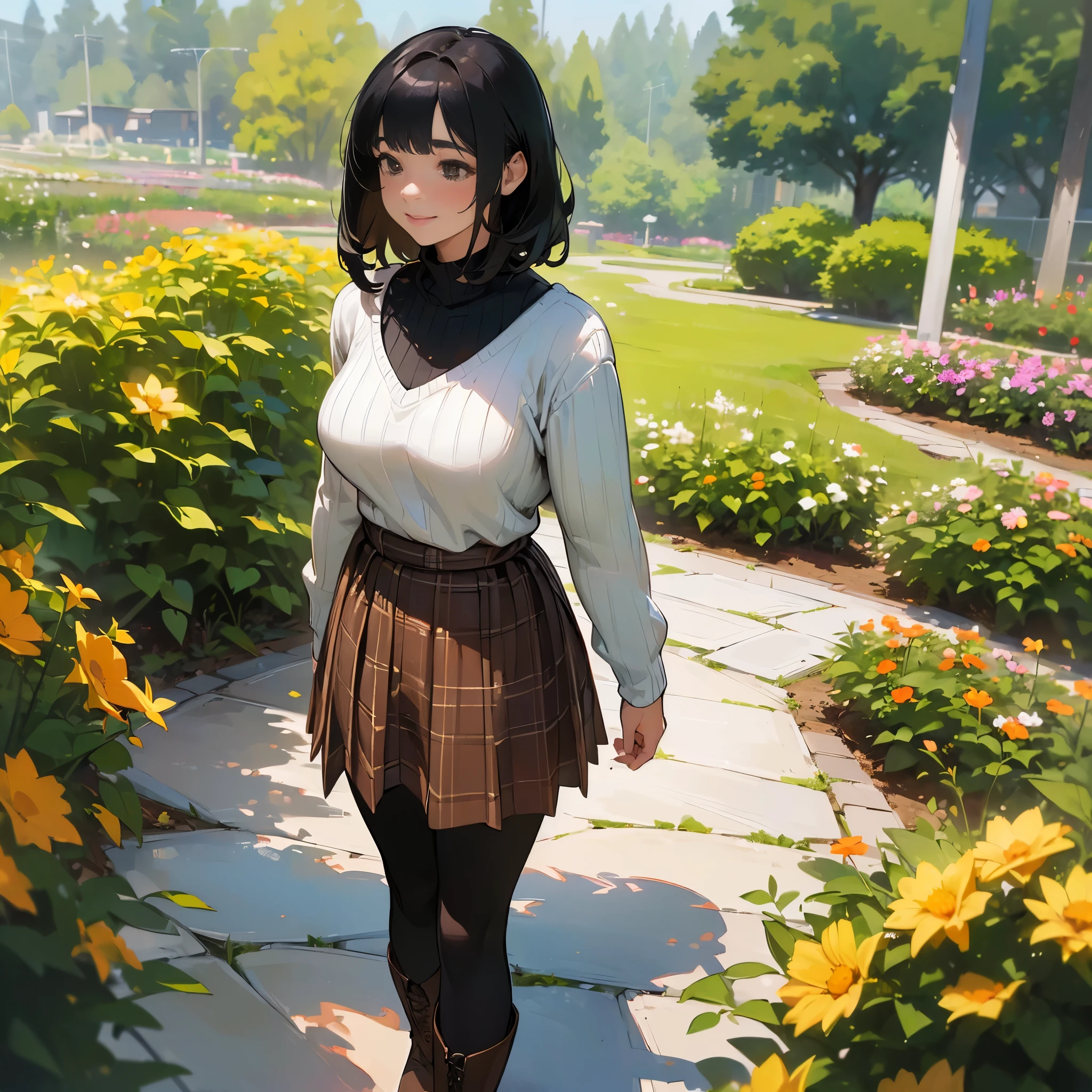 (High quality, High resolution, Ultra-detailed, Realistic:1.37), peaceful ambiance, (plein air, garden), Teenage girl standing alone, (My breasts are big.), Beautiful detailed features, Cute smile, (Black bob hair), Ribbed sweater, Orange Plaid Skirt, Black tights, Brown boots.
