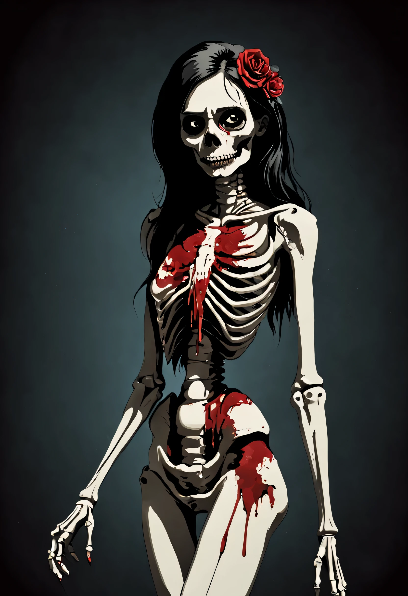 creepy, horror, beautiful woman zombie, bloody, exposed skeleton, vector style