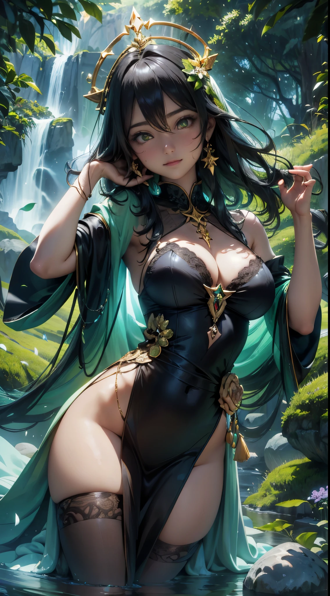 (La mejor calidad,A high resolution,Ultra - detallado,actual) ,Silvana, la bruja pavo real, (lingerie yellow), es una bruja con un aura misteriosa y exuberante. ella emana uma energia verde vibrante, reflecting your connection with nature and the magic of the forest. Sua pele tem um tom suave e brillante, como se estivesse iluminada pela luz do sol filtrada por densas folhagens. Sus ojos son como esmeraldas relucientes., hipnotizantes e cheios de sabedoria. Tu cabello, largo y exuberante, ella&#39;sa cascada de fios verde esmeralda, adornados con penas e enfeites dorados, en honor al pavo real. Peacock feathers also extend from the head., formando uma graciosa coroa verdejante. (Silvana viste un vestido corto verde), fluido y elegante, made of green and organic fabrics, that resemble leaves and flower petals. Her outfit is adorned with gold details.., representando los deslumbrantes colores del pavo real. ella usa uma capa verde-esmeralda, (hermosos ojos azules), (fondo piedras grandes negro:1.4) , (pose vaquero ), (realistic) ,Arte detallado de alta calidad 8K, Fanart Mejor ArtStation, Fantasy art style ,