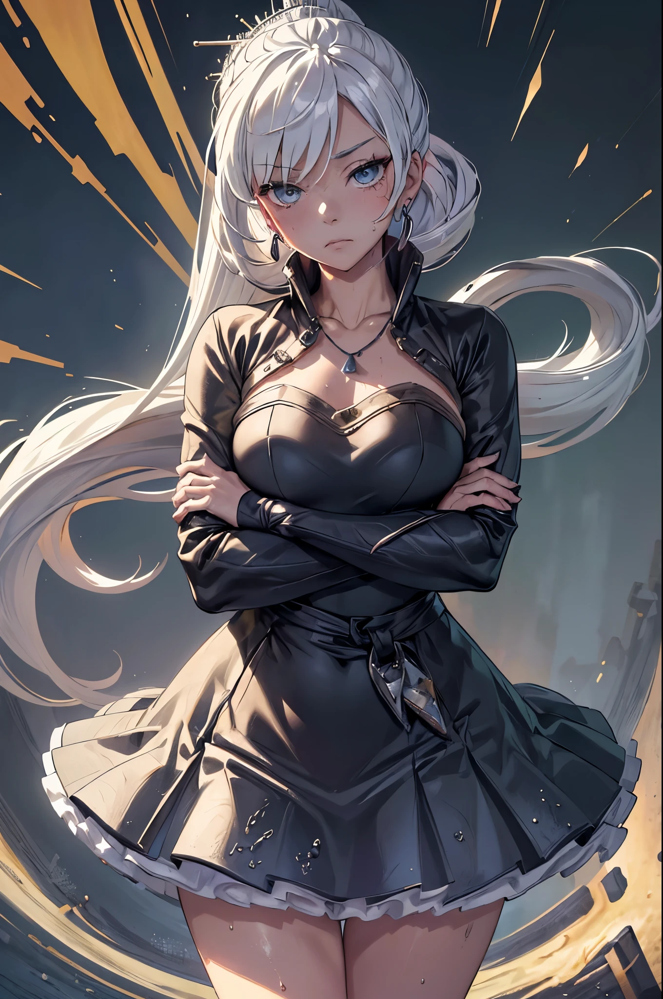 (Masterpiece, Best Quality:1.2), Cowboy shot, 独奏, 1girl, white colored hair, Vaisvale, expressionless, closed mouth, looking a viewer, crossed arms, pony tail, scar across eye, white long shirt, Jewelry, necklace, earings, Average Breasts, convex areolas, wide thighs, utiful thighs, Spacer frame, Erotica, steam, (smithereens , ), glistering, Generally chubby, bitchy, Wet, the sweat