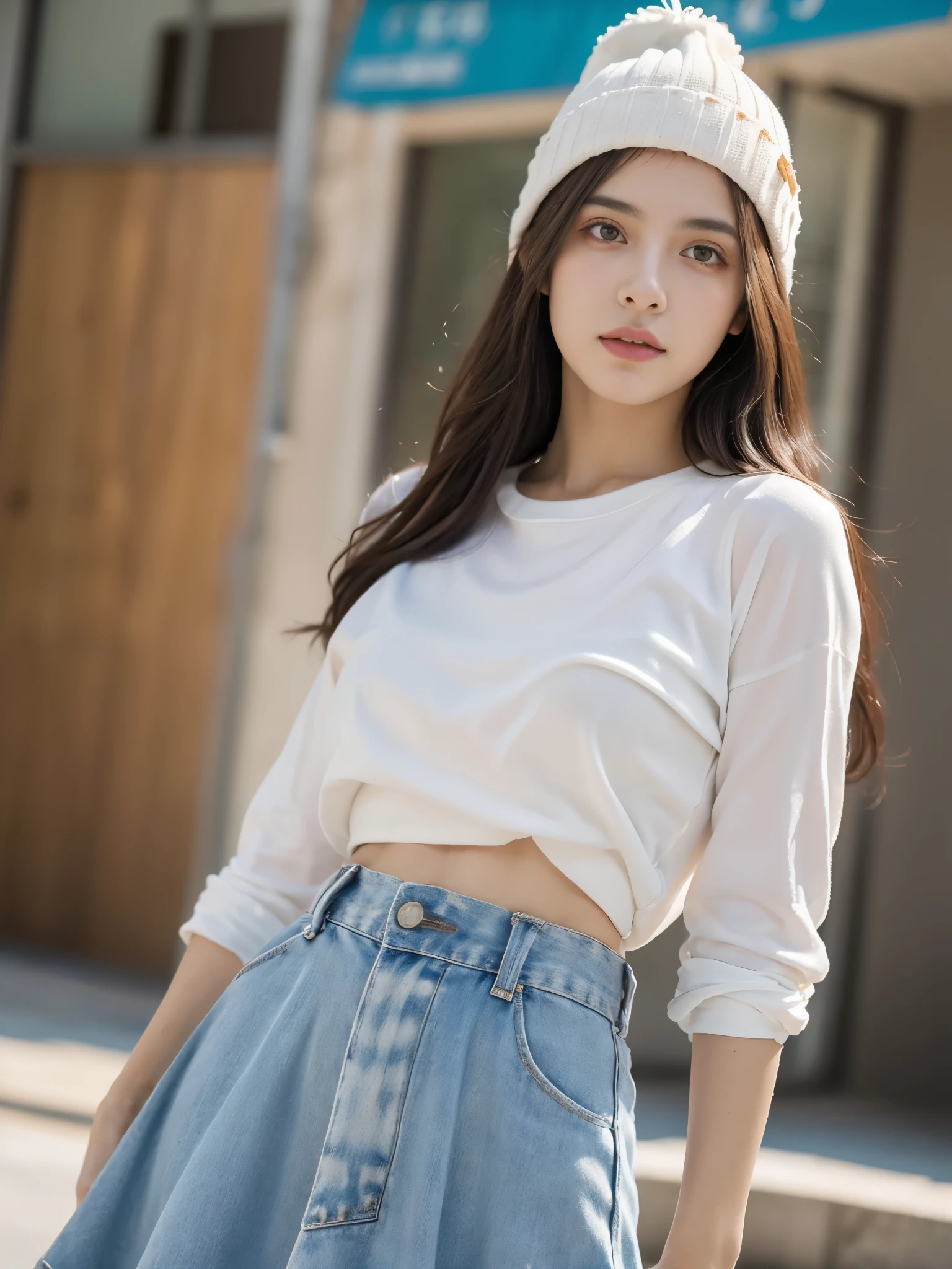 Obra maestra, La mejor calidad, ultrahigh resolution, Foto de alto detalle, Unidad 8K Fondo de pantalla, CG extremadamente detallado:1.2),(Foto RAW:1.realistic photography:1.4), 1girl , joven, physically based representation, beautiful, (Cara finamente detallada:1.4, Ropa detallada), (Detallado:1.4) Cara hermosa, Profundidad de campo, Agregar capa, hiperrealista, 27 years old, Modelo de cuerpo perfecto, senos perfectos, 175cm de altura, pose sexy, cuerpo completo, Tipo de cuerpo del modelo, white shirt, fit and flare skirt, beanie, photo studio, Cabello largo, Eimi Fukada, doble parpado, professional lighting, bokeh