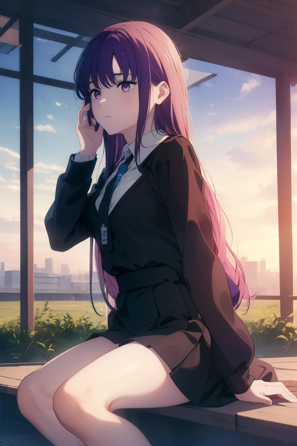 ((((Obra maestra, La mejor calidad, ultrahigh resolution)))), (perfect anatomy), 1girl, long hair, purple hair, sitting on floor, w legs, school uniform, concrete, ((outside)), steps, evening sunlight, professional photography, (her hand brushing hair behind ear)