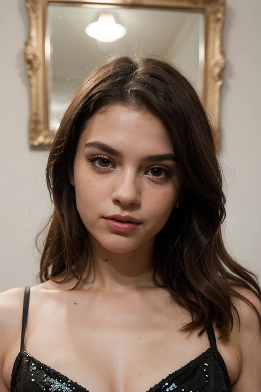 ((best quality)), ((masterpiece)), (detailed), perfect face realistic photo of beautiful woman with long dark brown hair, Russian, influencer, light freckles, dark brown eyes, big lips, no makeup, instagram, in a red dress posing for a picture, inspired by Gabriel Ba, tumblr, sequins, with shoulder pads, sleek!!!, glitter gif, breath taking beautiful, low cut dress, high fashion, great pinterest photo