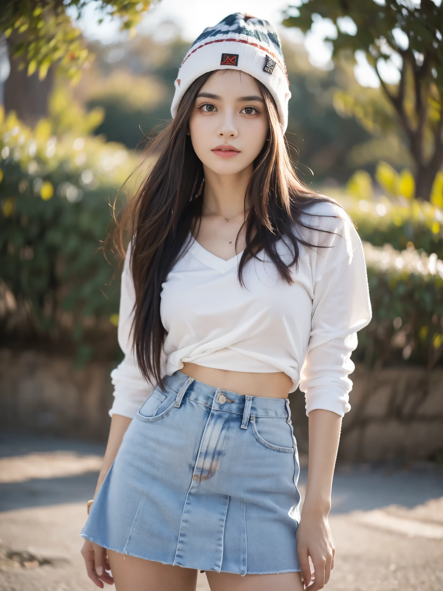 Obra maestra, La mejor calidad, ultrahigh resolution, Foto de alto detalle, Unidad 8K Fondo de pantalla, CG extremadamente detallado:1.2),(Foto RAW:1.realistic photography:1.4), 1girl , joven, physically based representation, beautiful, (Cara finamente detallada:1.4, Ropa detallada), (Detallado:1.4) Cara hermosa, Profundidad de campo, Agregar capa, hiperrealista, 27 years old, Modelo de cuerpo perfecto, senos perfectos, 175cm de altura, pose sexy, cuerpo completo, Tipo de cuerpo del modelo, white shirt, fit and flare skirt, beanie, photo studio, Cabello largo, Eimi Fukada, doble parpado, professional lighting, bokeh