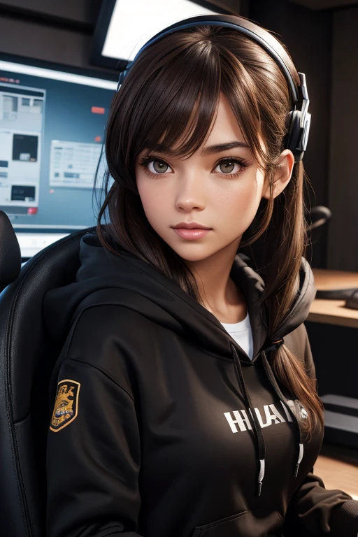High Resolution, Female, Long Dark Brown Hair, Pony Tail, Bangs, Hazel Eyes, Light Skin, Black Hoodie, Virtual Headset, Gaming Chair