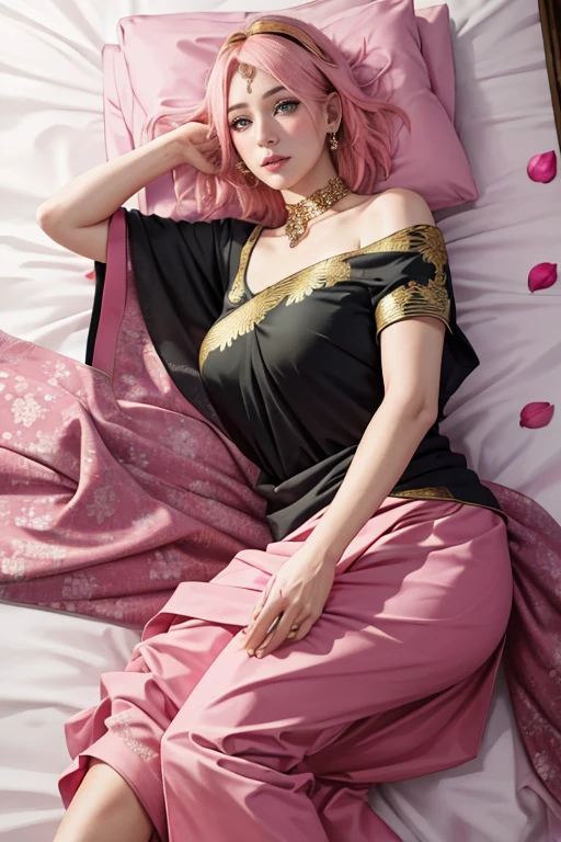 masterpiece, absurdres, sakura\(boruto\), 1girl, solo,mature female, wearing indian saree, saree has black blouse, golden dupatta and golden pallu, looking at viewelling petals), perfect composition, detailed lips, big breast, beautiful face, body propotion, blush, (pink lips), long pink hair, hair over shoulder, Green-eyed, soft gaze, super realistic, detailed, photoshoot, realistic face and body, in bed, view from above, forehead jewel, laying in bed
