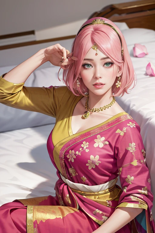 masterpiece, absurdres, sakura\(boruto\), 1girl, solo,mature female, wearing indian saree, saree has black blouse, golden dupatta and golden pallu, looking at viewelling petals), perfect composition, detailed lips, big breast, beautiful face, body propotion, blush, (pink lips), long pink hair, hair over shoulder, Green-eyed, soft gaze, super realistic, detailed, photoshoot, realistic face and body, in bed, view from above, forehead jewel, laying in bed