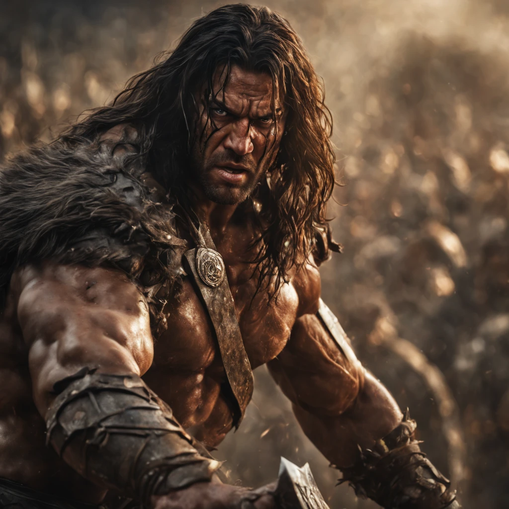 (best quality,4k,8k,highres,masterpiece:1.2),insane close-up,aggressive, enraged, charging Conan the barbarian digital painting,high-speed action camera,ultra-wide-angle lens,dust and motion blur,ultra-fine painting,sharp focus,extremely detailed eyes and face,longeyelashes,portraits,warm color tones,dram