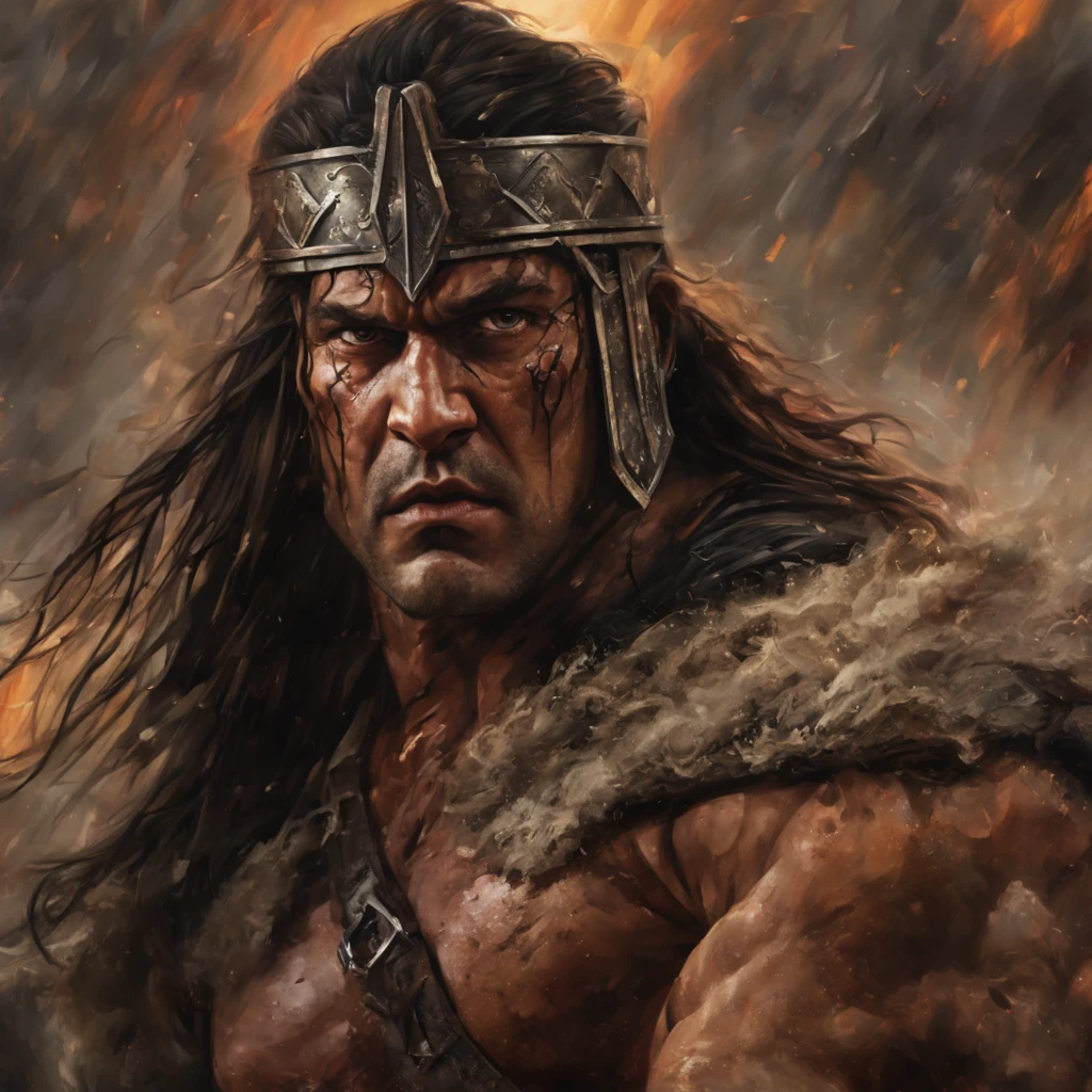 (best quality,4k,8k,highres,masterpiece:1.2),insane close-up,aggressive, enraged, charging Conan the barbarian digital painting,high-speed action camera,ultra-wide-angle lens,dust and motion blur,ultra-fine painting,sharp focus,extremely detailed eyes and face,longeyelashes,portraits,warm color tones,dram