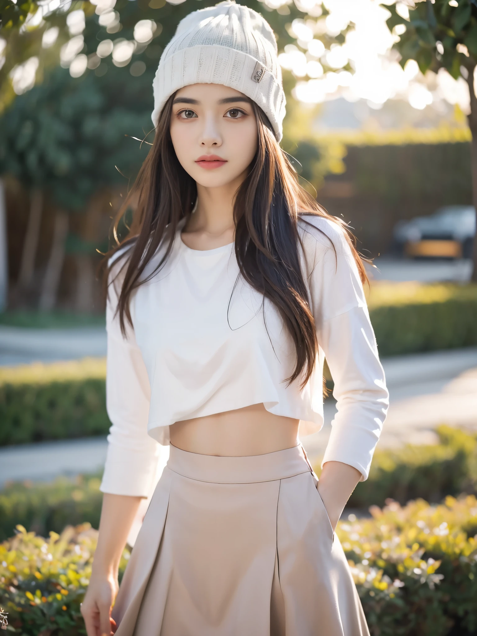 Obra maestra, La mejor calidad, ultrahigh resolution, Foto de alto detalle, Unidad 8K Fondo de pantalla, CG extremadamente detallado:1.2),(Foto RAW:1.realistic photography:1.4), 1girl , joven, physically based representation, beautiful, (Cara finamente detallada:1.4, Ropa detallada), (Detallado:1.4) Cara hermosa, Profundidad de campo, Agregar capa, hiperrealista, 27 years old, Modelo de cuerpo perfecto, senos perfectos, 175cm de altura, pose sexy, cuerpo completo, Tipo de cuerpo del modelo, white shirt, fit and flare skirt, beanie, photo studio, Cabello largo, Eimi Fukada, doble parpado, professional lighting, bokeh