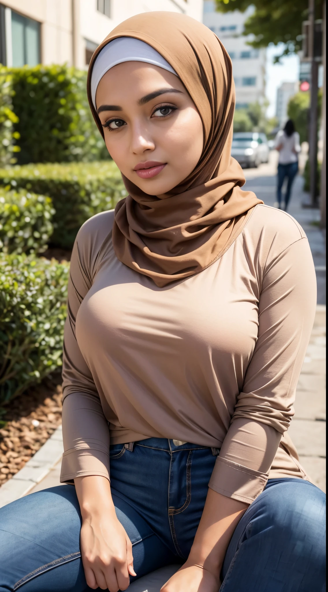 ( Close Up),RAW, Best quality, high resolution, masterpiece: 1.3), beautiful Malay woman in hijab,Masterpiece, perfect fit body, big breast,big gorgeous eyes, Soft smile,beutiful face,thick thighs, sitting, close up of a woman in a tan shirt and blue jeans talking on a cell phone, casual clothing style, hijab, inspired by Shaddy Safadi, inspired by Naza, modern casual clothing, brown shirt, casual modern clothing, inspired by Nazmi Ziya Güran, by Basuki Abdullah, wearing a blouse, inspired by Fathi Hassan, wearing casual clothing, (Delicate turtleneck) , shairband, afternoon walk, City garden, Excellent lighting, Bright colors, Clean lines,