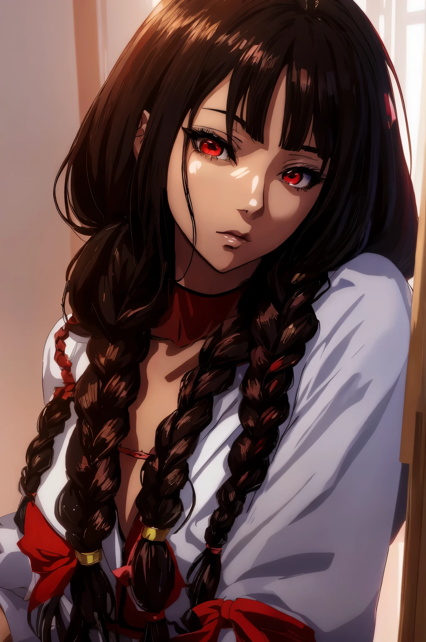 anime girl with long braids and red eyes holding a cell phone, realistic anime artstyle, detailed digital anime art, seductive anime girl, digital anime art, realistic anime art style, beautiful alluring anime , beautiful anime woman, beautiful alluring anime woman, beautiful anime portrait, digital anime illustration, detailed portrait of anime girl, stunning anime face portrait, beautiful anime girl