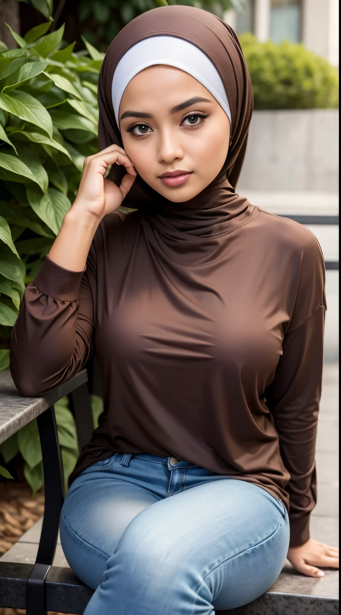 ( Close Up),RAW, Best quality, high resolution, masterpiece: 1.3), beautiful Malay woman in hijab,Masterpiece, perfect fit body, big breast,big gorgeous eyes, Soft smile,beutiful face,thick thighs, sitting, close up of a woman in a tan shirt and blue jeans talking on a cell phone, casual clothing style, hijab, inspired by Shaddy Safadi, inspired by Naza, modern casual clothing, brown shirt, casual modern clothing, inspired by Nazmi Ziya Güran, by Basuki Abdullah, wearing a blouse, inspired by Fathi Hassan, wearing casual clothing, (Delicate turtleneck) , shairband, afternoon walk, City garden, Excellent lighting, Bright colors, Clean lines,