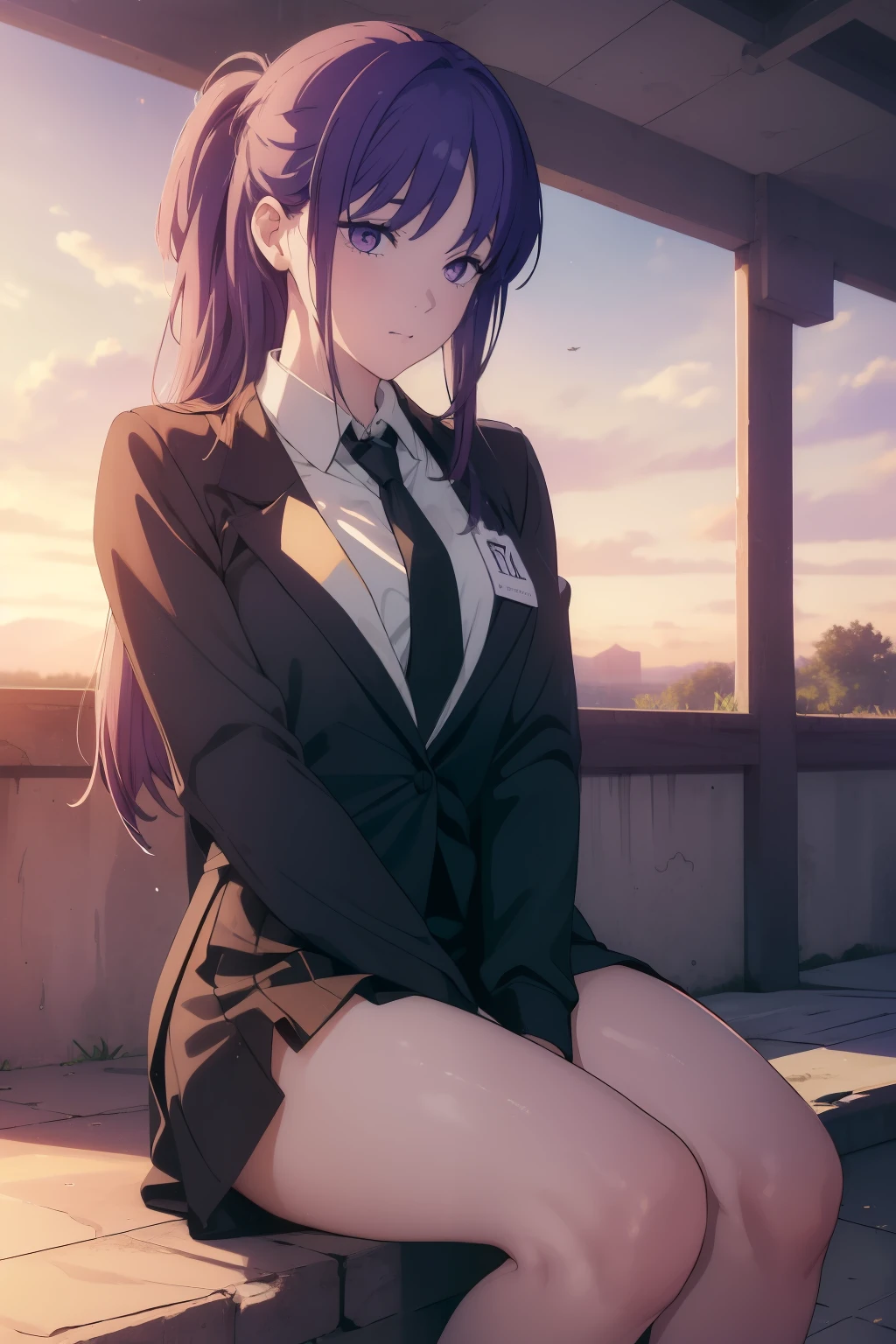 ((((Obra maestra, La mejor calidad, ultrahigh resolution)))), ((perfect anatomy)), 1girl, long hair, purple hair, sitting on floor, w legs, school uniform, concrete, ((outside)), steps, evening sunlight, sunset, professional photography,