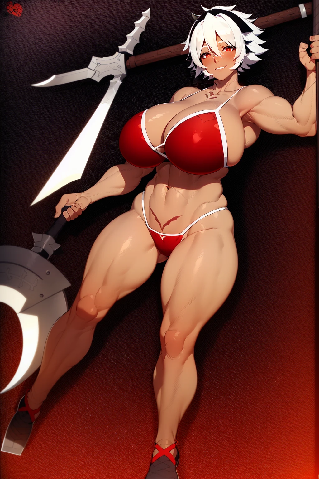 helga, dark-skinned female, short hair, silver hair, huge breasts, muscular female, thick thighs, thick arms, tomboy, holding axe, reflection light, blending, bloom, god rays, ray tracing, Fujicolor, drop shadow, Gothic art, anime, Ghibli-like colours, anime style, UHD, retina, masterpiece, ccurate, anatomically correct, textured skin, super detail, high details, high quality, award winning, best quality, highres, 1080P, HD, 4K, 8k, 16k,standing, warrior pose, axe holding,refsheet, charactersheet, red bikini, short pants, happy, smile, blush