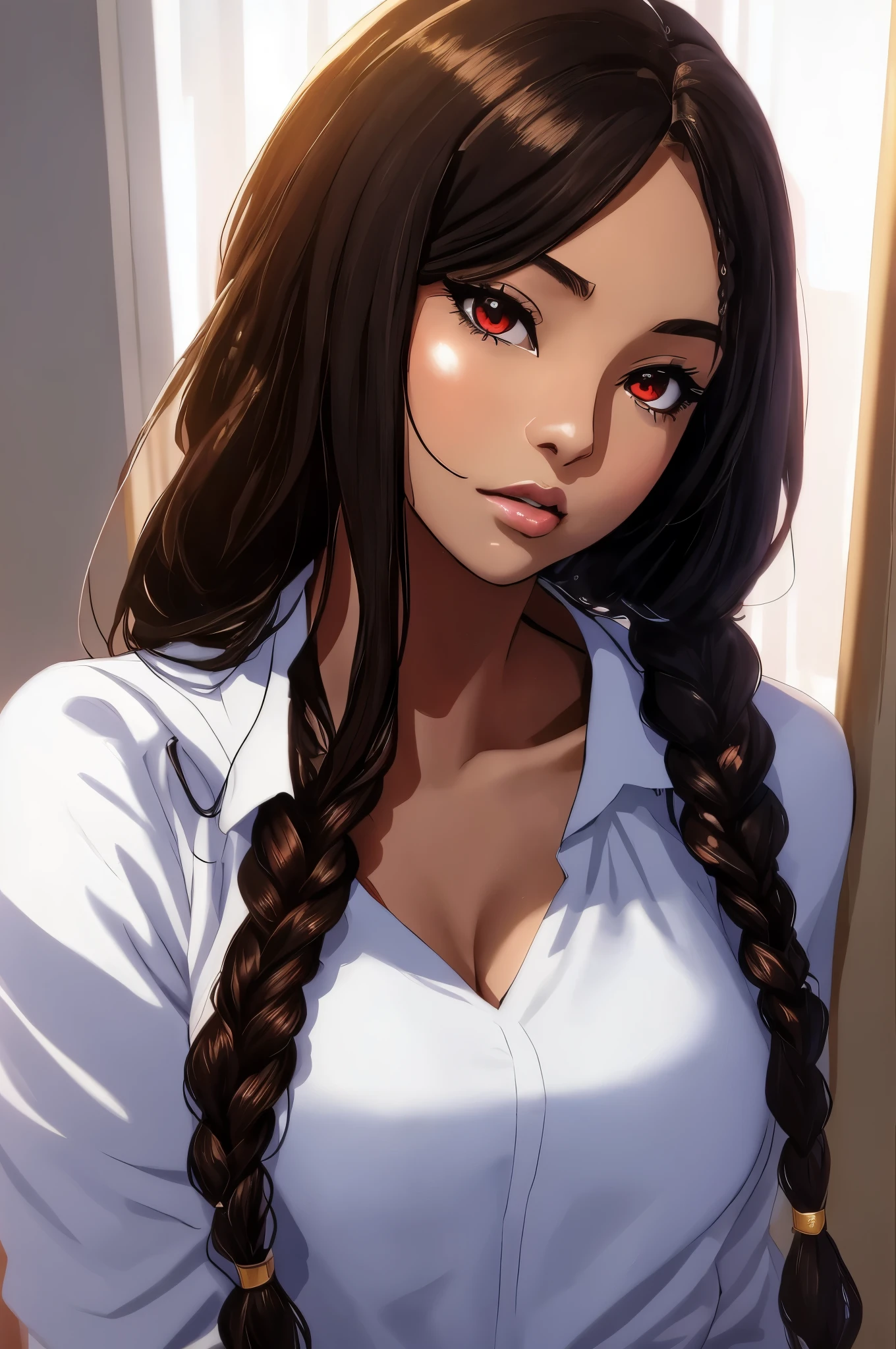 anime girl with long braids and red eyes holding a cell phone, realistic anime artstyle, detailed digital anime art, seductive anime girl, digital anime art, realistic anime art style, beautiful alluring anime , beautiful anime woman, beautiful alluring anime woman, beautiful anime portrait, digital anime illustration, detailed portrait of anime girl, stunning anime face portrait, beautiful anime girl