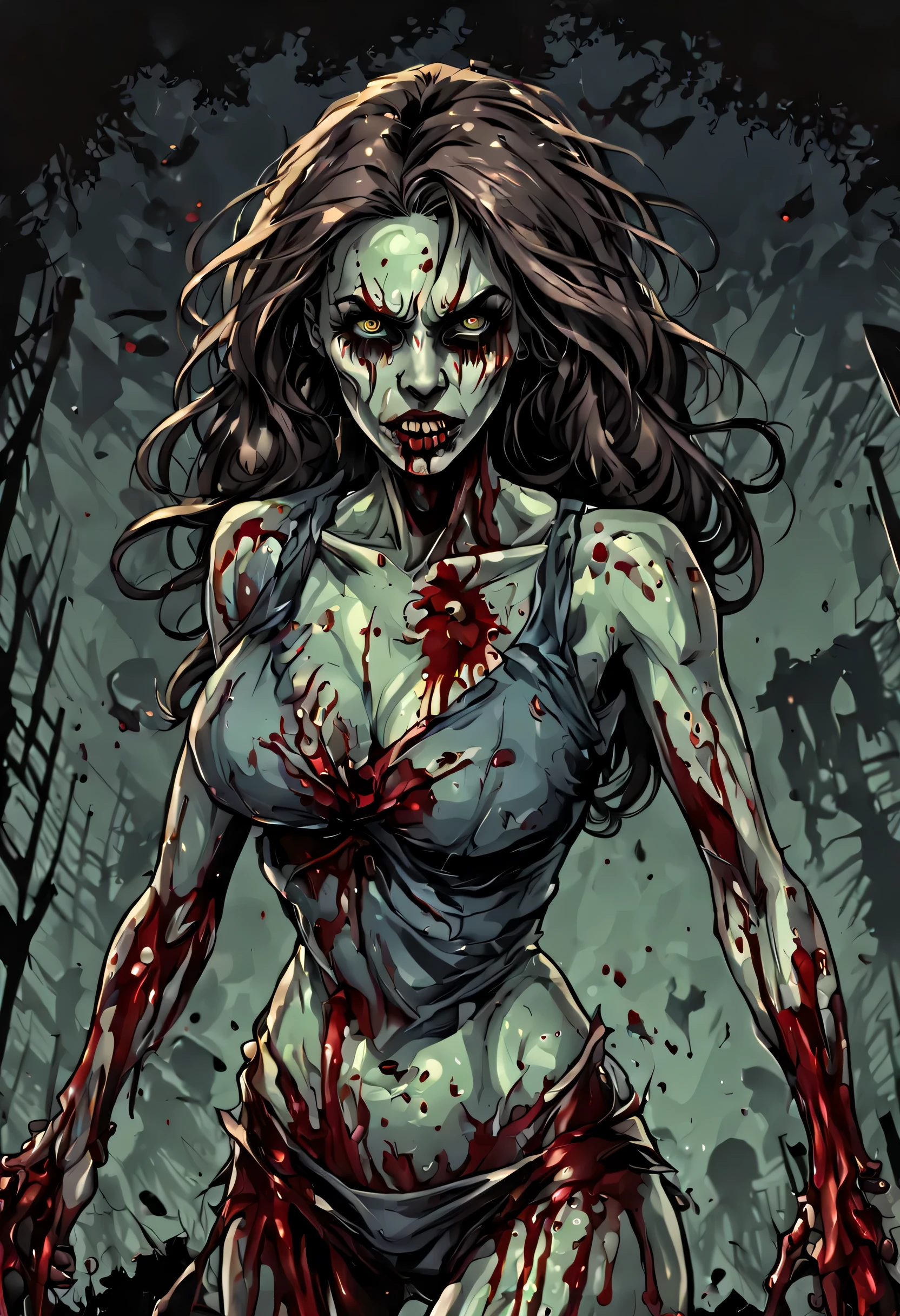 creepy, horror, beautiful woman zombie, bloody, vector style