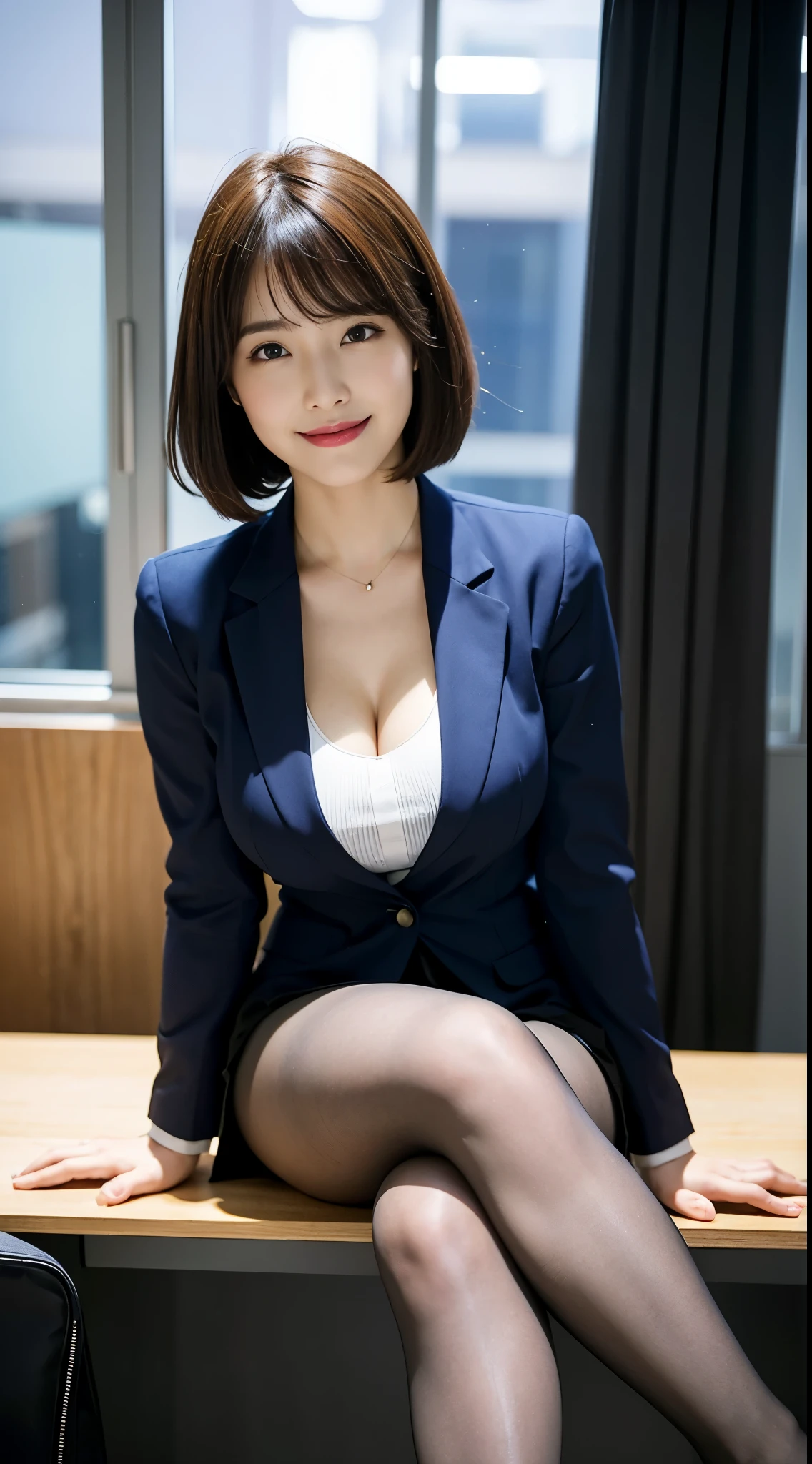 (sitting on a desk), 1 woman, solo, thick thighs, beautiful legs, office lady, realistic, raw photo, business suit, short skirt, short hair, bangs, pantyhose, looking at viewer, best quality, large breast, smile, Realistic Skin Textures, full body, cleavage,