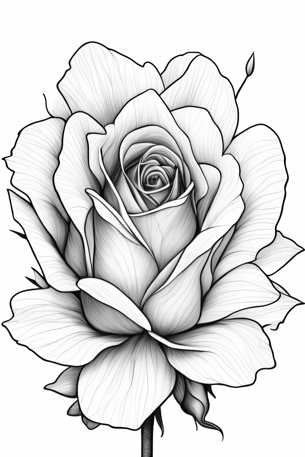 a close up of a rose with a stem and leaves, immaculate shading, large rose flower head, black and white color only, detailed flowers, huge rose flower head, highly detailed illustration, depicting a flower, highly detailed sketch, highly detailed linework, giant rose flower head, perfect pen and ink line art, highly detailed ink illustration, finely detailed illustration