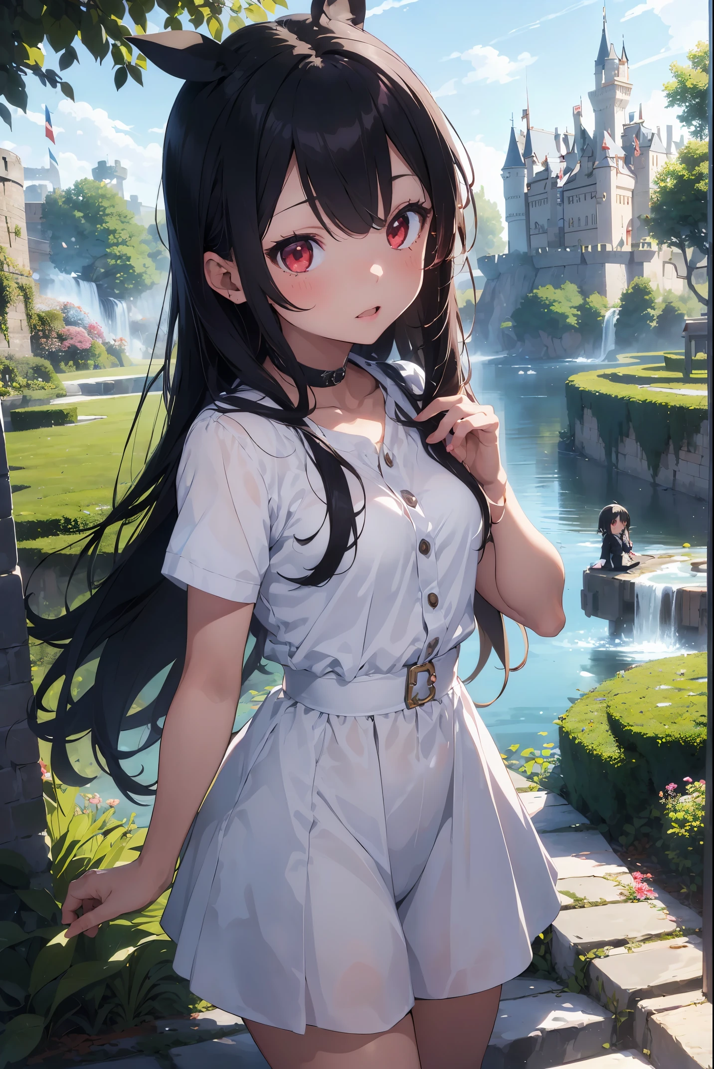 (best quality:1.2), (solo:1.3),(1girl, 18yo:1.3), (long straight hair:1.2),(hair black:1.3),(red eyes:1.2),yumekawa,yumekawaii,pastel color,(wonderland garden:1.3),rainbow waterfall,dripping ink,imagination,(Castle:1.4),