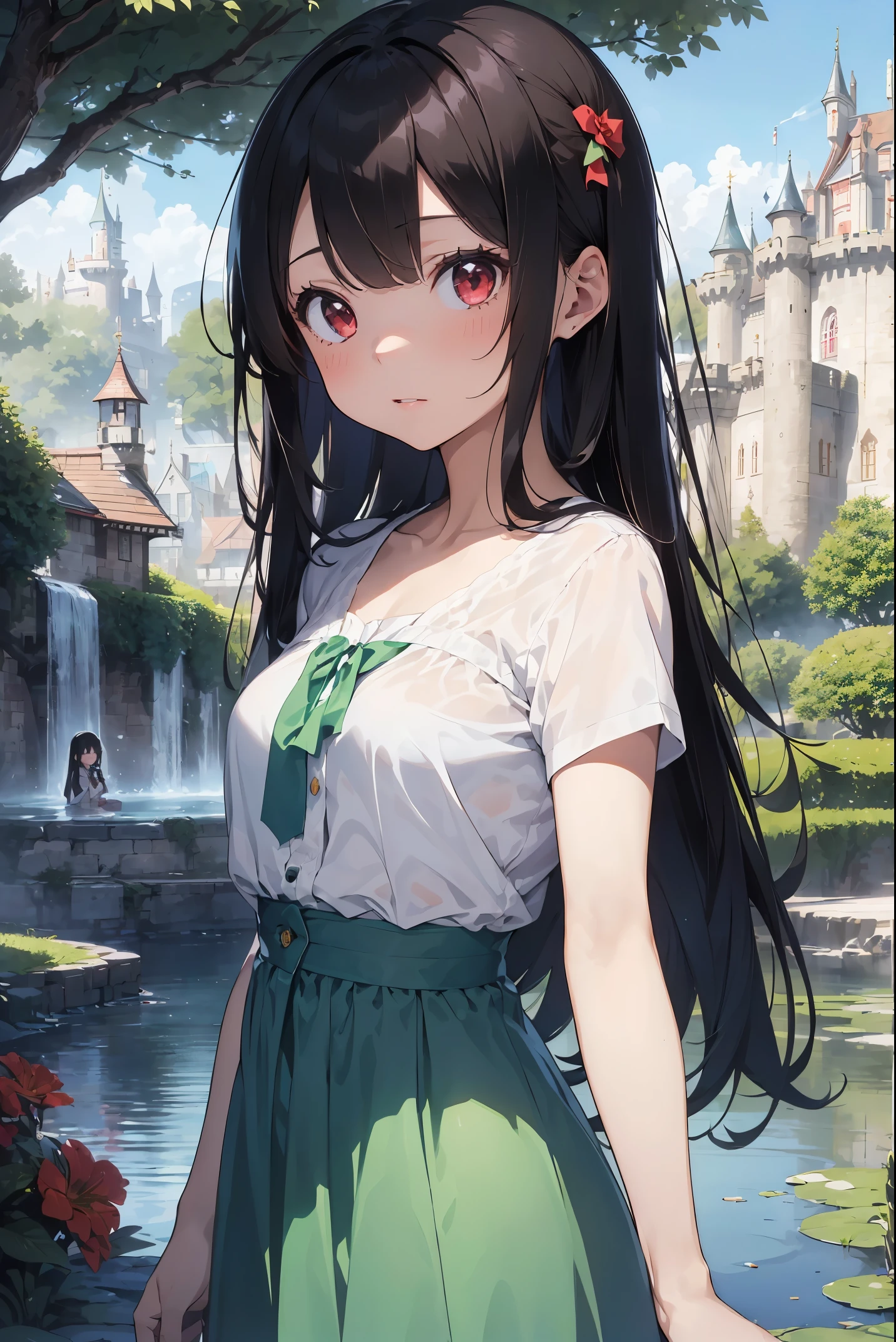 (best quality:1.2), (solo:1.3),(1girl, 18yo:1.3), (long straight hair:1.2),(hair black:1.3),(red eyes:1.2),yumekawa,yumekawaii,pastel color,(wonderland garden:1.3),rainbow waterfall,dripping ink,imagination,(Castle:1.4),