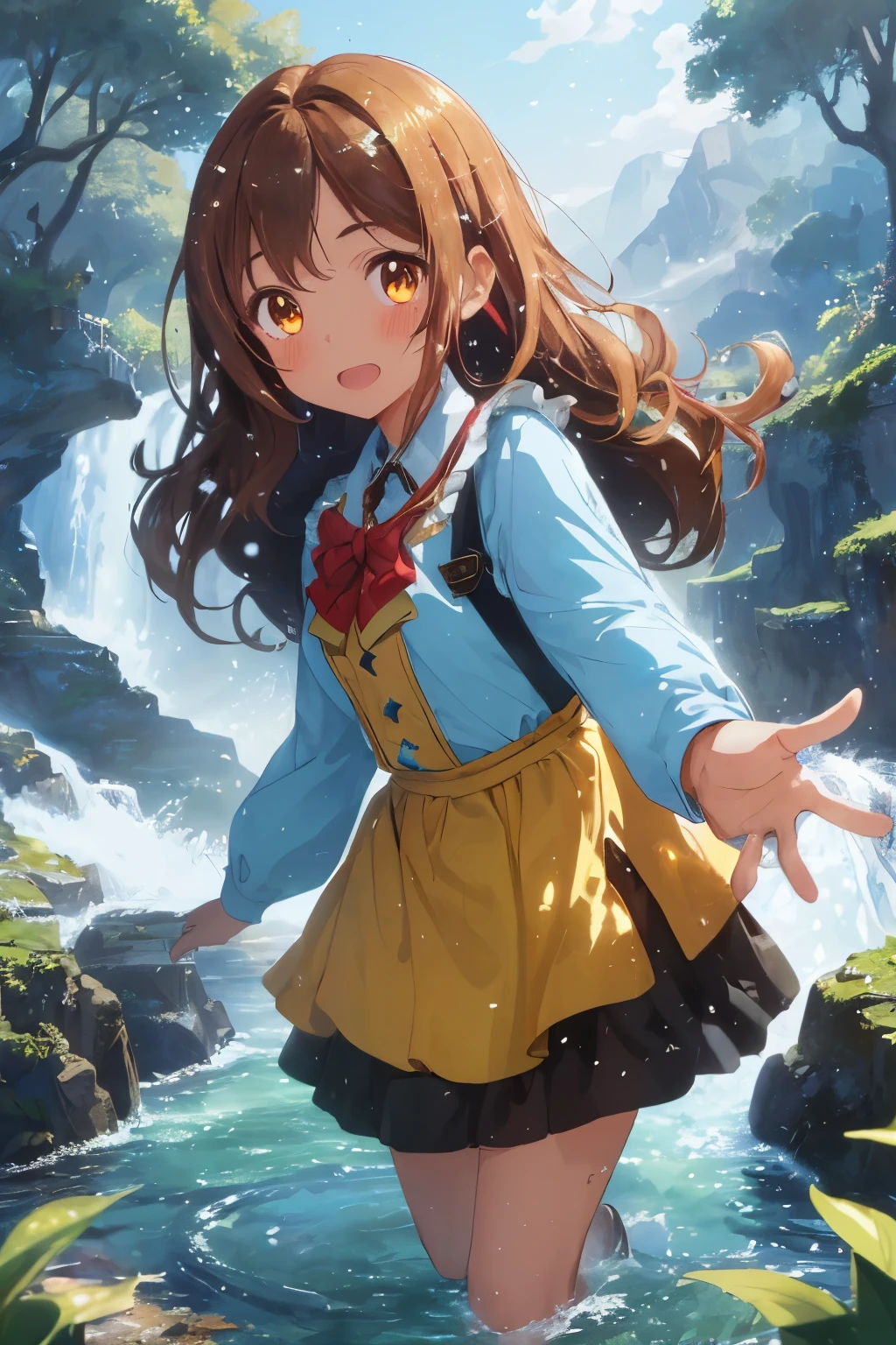 masterpiece, best quality, elegant, 1girl, cute, blushed, brown wavy hair, girl dress, brown eyes, beautiful eyes, beautiful background, light particles, sun rays, dramatic lighting, outside, shiny, realistic, ultra-detailed, detailed, scenery, beautiful detailed eyes, detailed hair, the girl is named sofia, Sofia by the shimmering stream, where the talking fish Fernando reveals the first clue about the magical artifact, includ gold fish jumping from the stream, the fish is in her hands.
golden fish jump