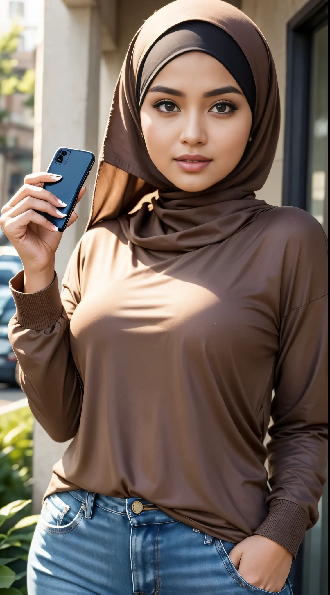 ( Close Up),RAW, Best quality, high resolution, masterpiece: 1.3), beautiful Malay woman in hijab,Masterpiece, perfect fit body, big breast,big gorgeous eyes, Soft smile,beutiful face,thick thighs, close up of a woman in a tan shirt and blue jeans talking on a cell phone, casual clothing style, hijab, inspired by Shaddy Safadi, inspired by Naza, modern casual clothing, brown shirt, casual modern clothing, wearing a blouse, wearing casual clothing, (Delicate turtleneck) , shairband, afternoon walk, City garden, Excellent lighting, Bright colors, Clean lines,