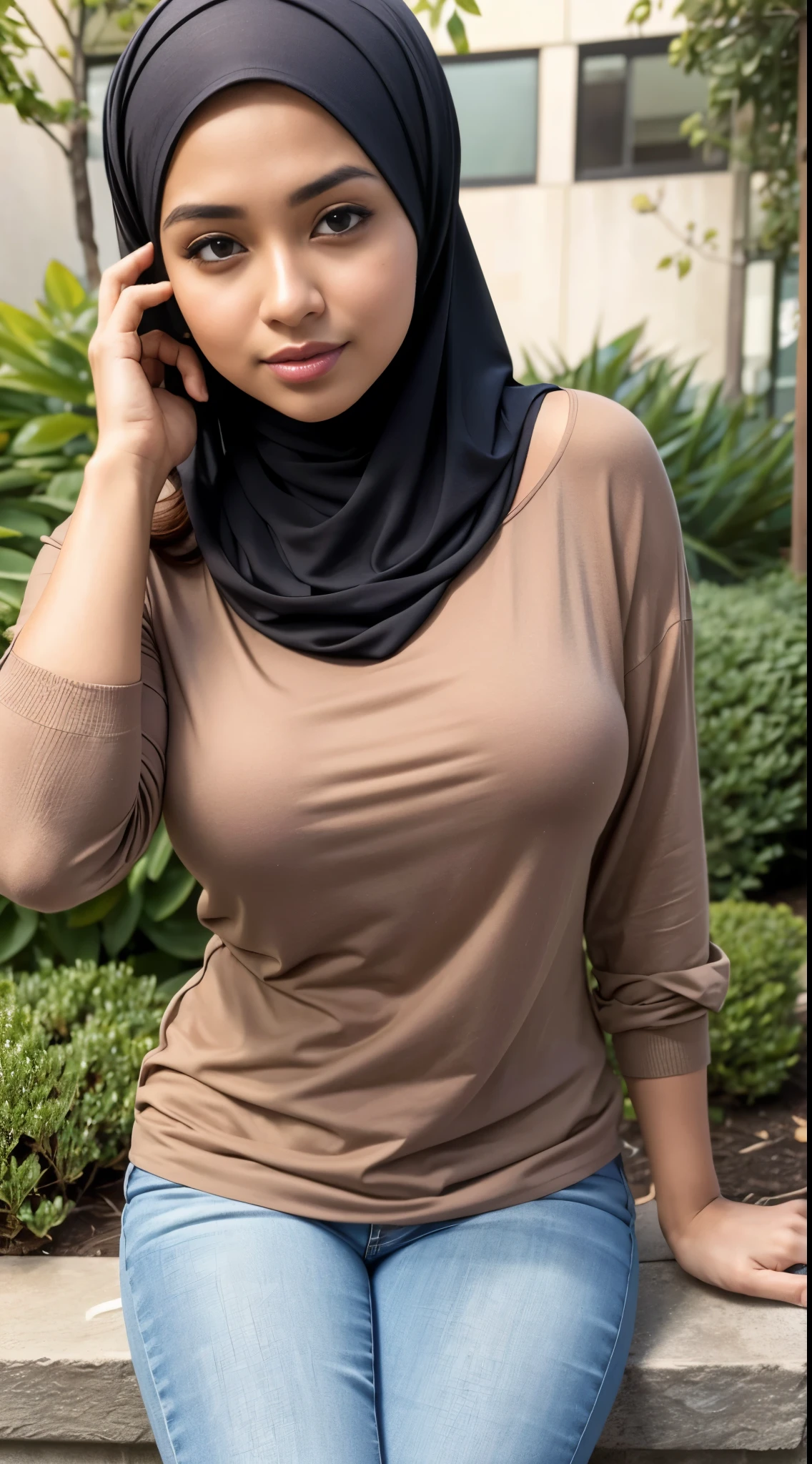 ( Close Up),RAW, Best quality, high resolution, masterpiece: 1.3), beautiful Malay woman in hijab,Masterpiece, perfect fit body, big breast,big gorgeous eyes, Soft smile,beutiful face,thick thighs, close up of a woman in a tan shirt and blue jeans talking on a cell phone, casual clothing style, hijab, inspired by Shaddy Safadi, inspired by Naza, modern casual clothing, brown shirt, casual modern clothing, wearing a blouse, wearing casual clothing, (Delicate turtleneck) , shairband, afternoon walk, City garden, Excellent lighting, Bright colors, Clean lines,