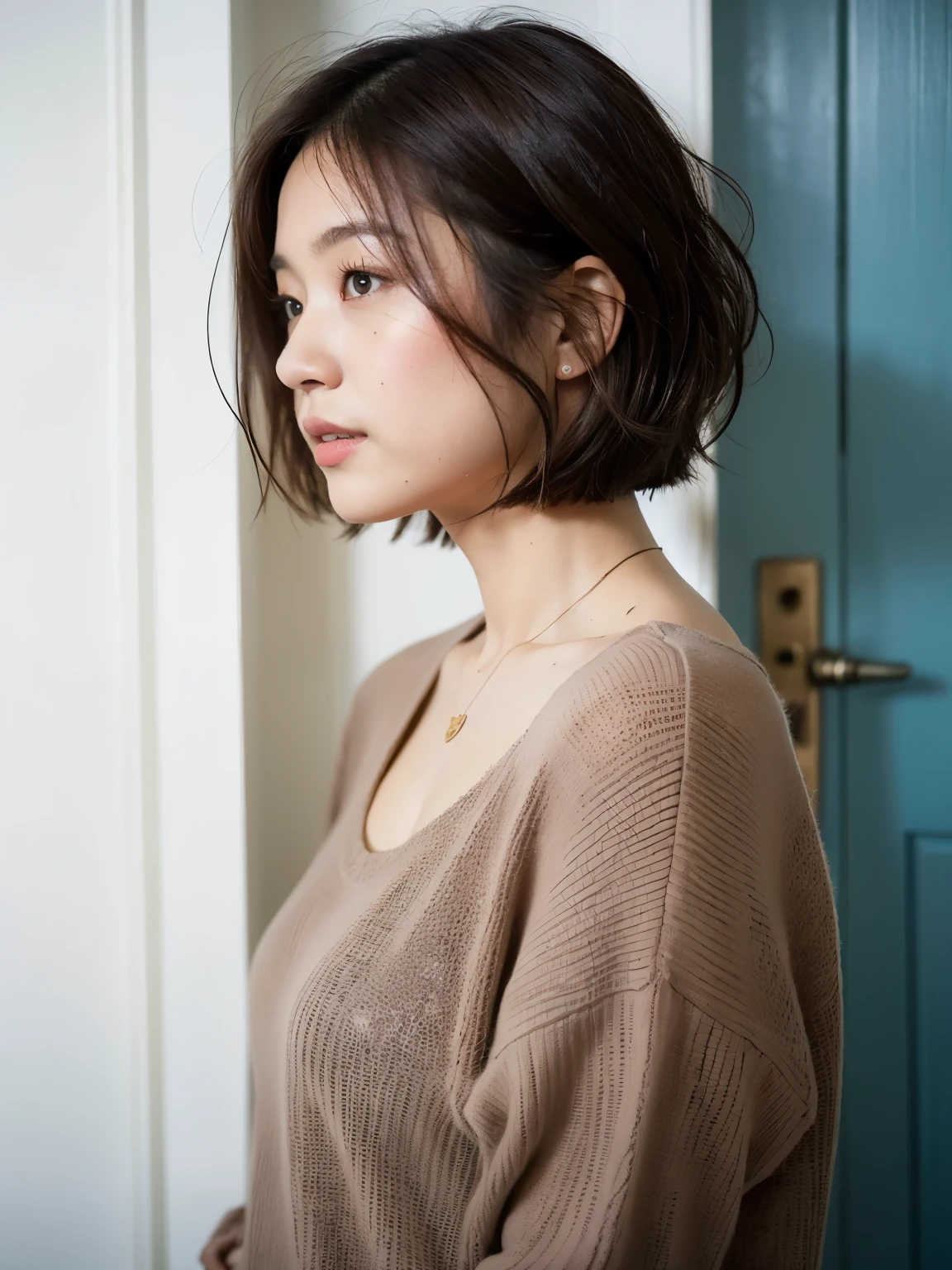 (Best Quality, 8k, 32k, Masterpiece, UHD: 1.2), photo beautiful Japanese woman, very short Bob hair, upper body, facial focus, oversized_sweater, necklace, simple background, from above, looking at the viewer,