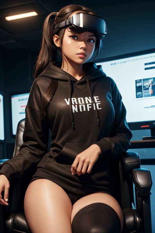 High Resolution, Female, Long Dark Brown Hair, Pony Tail, Bangs, Hazel Eyes, Light Skin, Black Hoodie, Futuristic VR Goggles, Gaming Chair