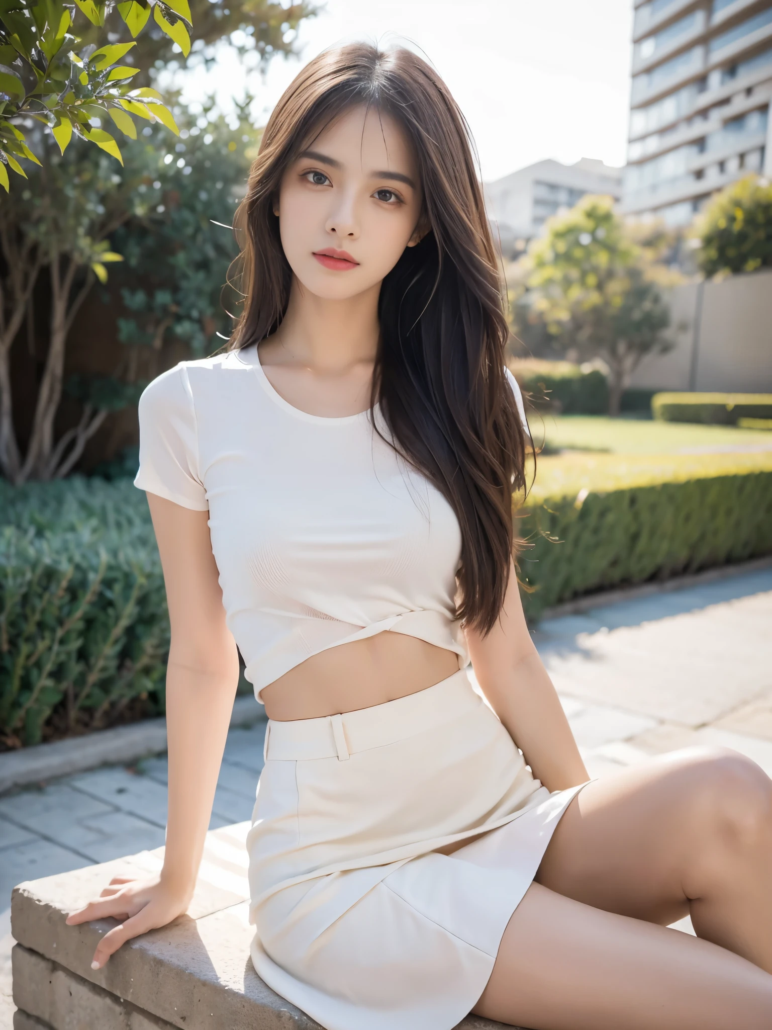 Obra maestra, La mejor calidad, ultrahigh resolution, Foto de alto detalle, Unidad 8K Fondo de pantalla, CG extremadamente detallado:1.2),(Foto RAW:1.realistic photography:1.4), 1girl , joven, physically based representation, beautiful, (Cara finamente detallada:1.4, Ropa detallada), (Detallado:1.4) Cara hermosa, Profundidad de campo, Agregar capa, hiperrealista, 27 years old, Modelo de cuerpo perfecto, senos perfectos, 175cm de altura, pose sexy, cuerpo completo, Tipo de cuerpo del modelo, white shirt, fit and flare skirt, sitting, photo studio, Cabello largo, Eimi Fukada, doble parpado, professional lighting, bokeh