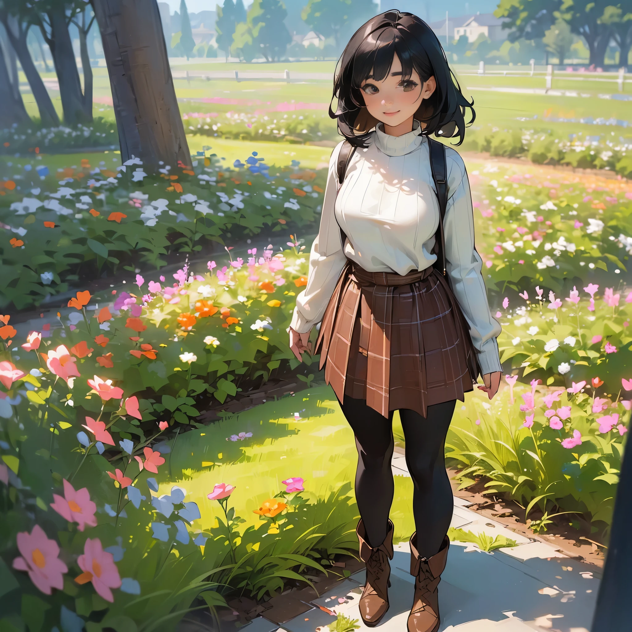 (High quality, High resolution, Ultra-detailed, Realistic:1.37), peaceful ambiance, (plein air, garden), girl standing alone, (My breasts are big.), Beautiful detailed features, Cute smile, (Black bob hair), Ribbed sweater, Orange Plaid Skirt, Black tights, Brown boots.