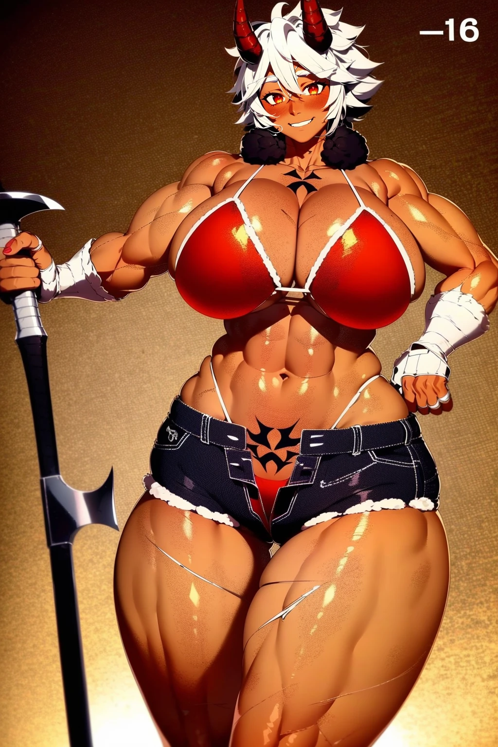 helga, dark-skinned female, short hair, silver hair, huge breasts, muscular female, thick thighs, thick arms, tomboy, holding axe, reflection light, blending, bloom, god rays, ray tracing, Fujicolor, drop shadow, Gothic art, anime, Ghibli-like colours, anime style, UHD, retina, masterpiece, ccurate, anatomically correct, textured skin, super detail, high details, high quality, award winning, best quality, highres, 1080P, HD, 4K, 8k, 16k,standing, warrior pose, axe holding,refsheet, charactersheet, red bikini, short pants, happy, smile, blush, horns