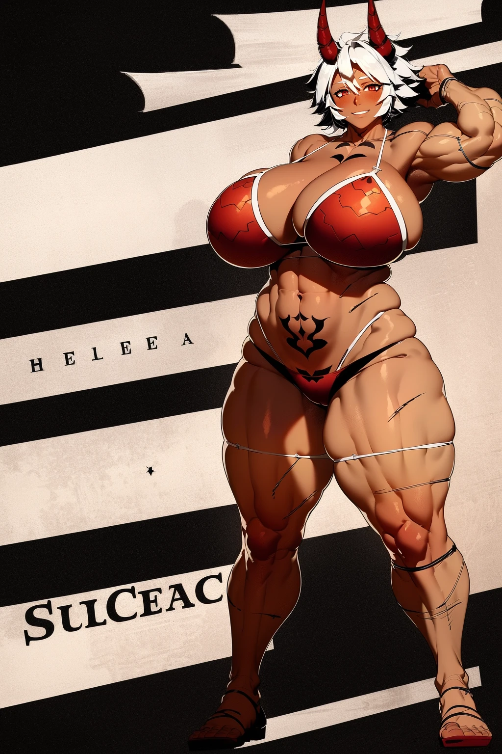 helga, dark-skinned female, short hair, silver hair, huge breasts, muscular female, thick thighs, thick arms, tomboy, holding axe, reflection light, blending, bloom, god rays, ray tracing, Fujicolor, drop shadow, Gothic art, anime, Ghibli-like colours, anime style, UHD, retina, masterpiece, ccurate, anatomically correct, textured skin, super detail, high details, high quality, award winning, best quality, highres, 1080P, HD, 4K, 8k, 16k,standing, warrior pose, axe holding,refsheet, charactersheet, red bikini, short pants, happy, smile, blush, horns