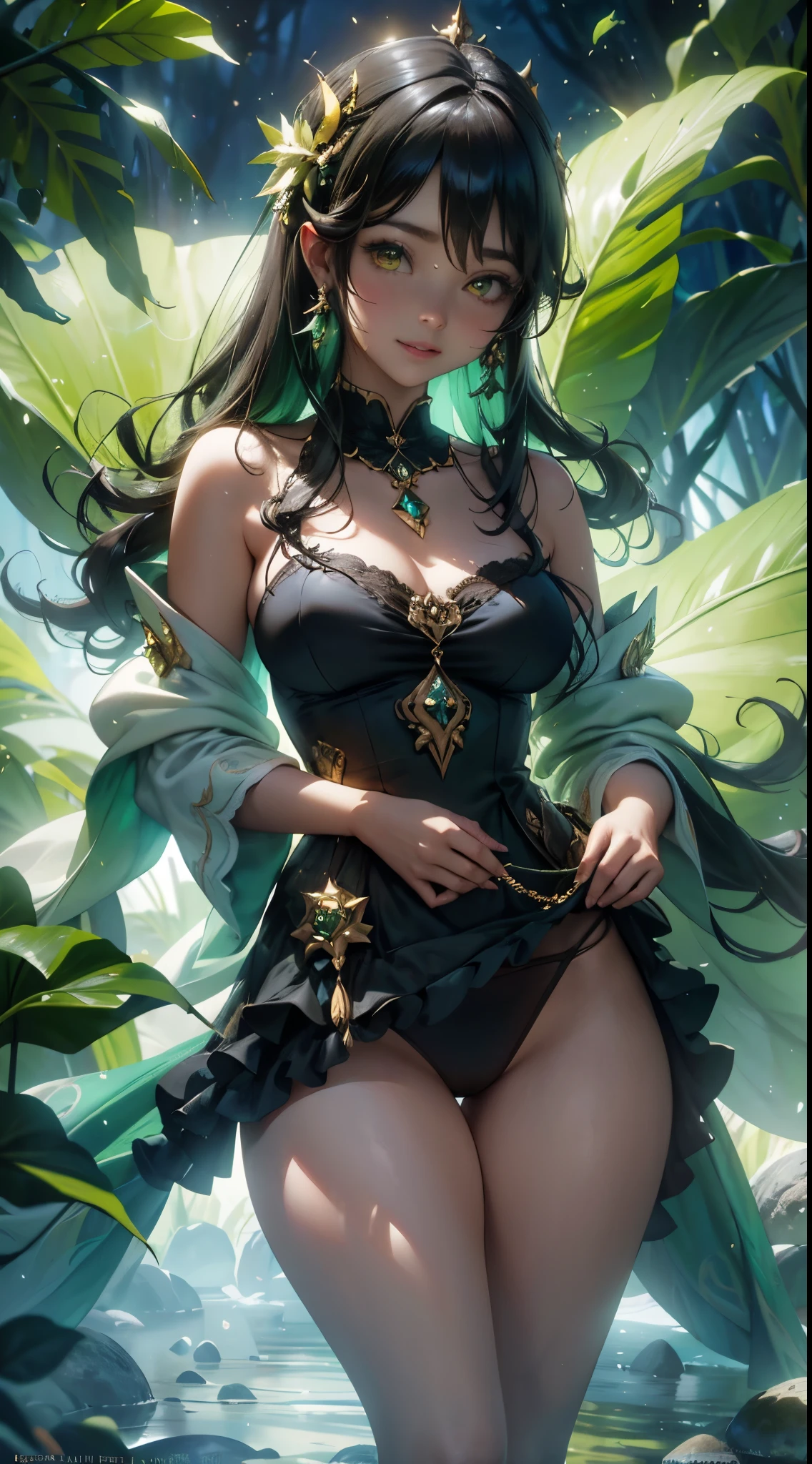 (La mejor calidad,A high resolution,Ultra - detallado,actual) ,Silvana, la bruja pavo real, (lingerie yellow), es una bruja con un aura misteriosa y exuberante. ella emana uma energia verde vibrante, reflecting your connection with nature and the magic of the forest. Sua pele tem um tom suave e brillante, como se estivesse iluminada pela luz do sol filtrada por densas folhagens. Sus ojos son como esmeraldas relucientes., hipnotizantes e cheios de sabedoria. Tu cabello, largo y exuberante, ella'sa cascada de fios verde esmeralda, adornados con penas e enfeites dorados, en honor al pavo real. Peacock feathers also extend from the head., formando uma graciosa coroa verdejante. (Silvana viste un vestido corto verde), fluido y elegante, made of green and organic fabrics, that resemble leaves and flower petals. Her outfit is adorned with gold details.., representando los deslumbrantes colores del pavo real. ella usa uma capa verde-esmeralda, (hermosos ojos azuleondo piedras grandes negro:1.4) , (pose vaquero ), (realistic) ,Arte detallado de alta calidad 8K, Fanart Mejor ArtStation, Fantasy art style ,