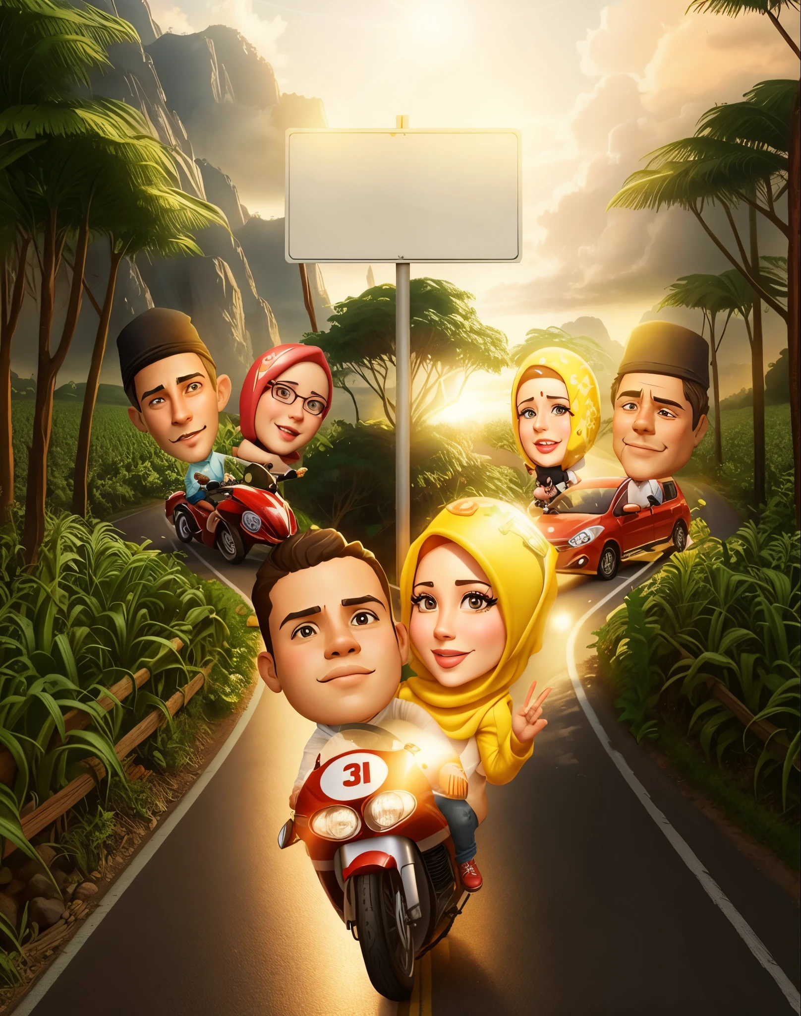 cartoon characters of people riding motorcycles down a road with a sign, Two married couples in the back driving a car, women wearing hijabs,caricature illustration, cartoon artstyle, realism artstyle, by Abidin Dino, cartoon art, cartoon style illustration, caricature style, potrait, digital art cartoon, cartoon digital painting, cartoon digital art, photo 3 d, photo 3d, inspired by JoWOnder, 3 d cartoon, cartoon art style