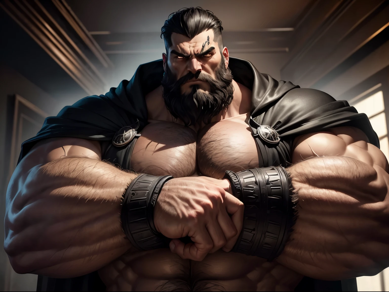 (best quality,ultra-detailed,realistic:1.37),colossal,giant bearded muscle man,imposing,macrophilia,looking down at me with an angry evil face,thick bushy beard,intense gaze,mountainous biceps,hulking frame,rippling muscles,dominant presence,enormous hands and fingers,sculpted jawline,sharp cheekbones,powerful physique,strength radiating from his every pore,dark menacing aura,overwhelming dominance,darkened eyes glaring with fury,wrinkles etched on his forehead,thunderous voice that reverberates through the room,black cloak billowing around him,shadowy figure shrouded in mystery,dark colors accentuating his intimidating presence,ominous background lighting,aura of authority and power,menacing atmosphere,decorative embellishments on the armrests and backrest,large intimidating stature,tense muscles coiled with power,noble and fierce expression,clenched fists exuding strength and determination,aura of arrogant superiority,cold and ruthlessness emanating from his every gesture,detailed veins bulging with strength,eyes filled with fury and malice,dark energy pulsating around him,thunderous footsteps that shake the ground,majestic and brooding,subtle hints of a dark past in his demeanor,enthralling and terrifying to behold.