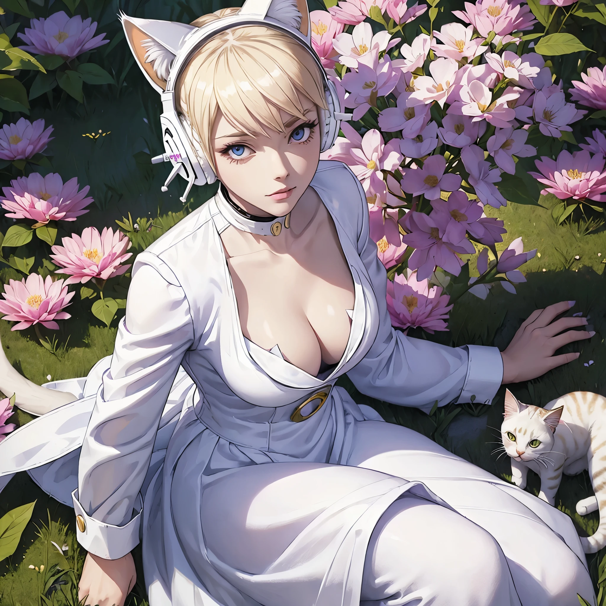 (((White headphone))), Blonde, (((Cat Woman))), purple dress, cleavage, flower field