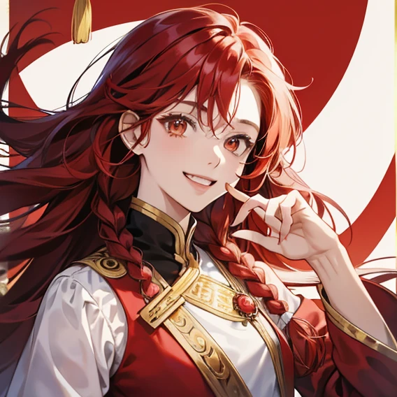 quality, 高画質, tmasterpiece, Red hair, gold eyes, Red clothes, Smiling face, The upper part of the body, Dynamic hair, White skin of the, Side braids, Smiling, Double teeth,Diagonally ahead