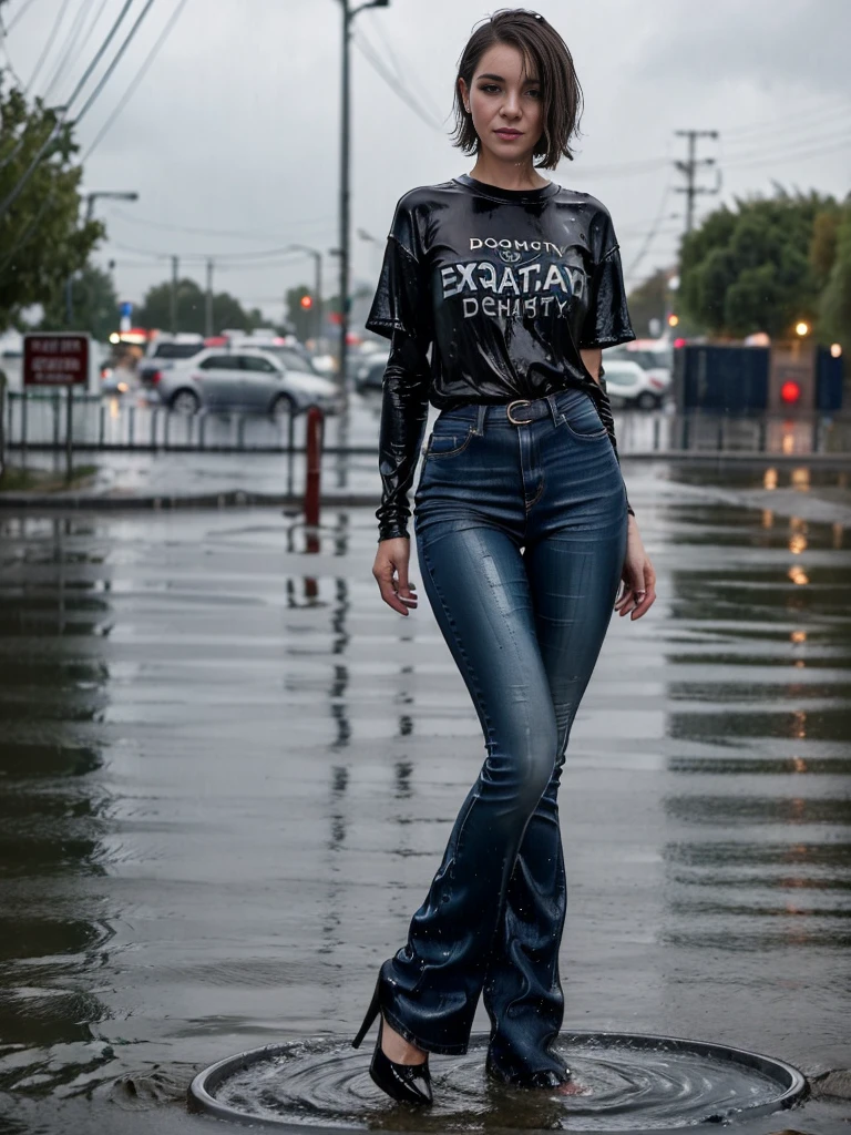 (Wide flares on jeans:1.2), (Water-soaked clothing:1.17), (Best Quality,hight resolution,bokeh:1.2),The woman,Pronounced wrinkles,Bob haircut,Detailed eyes and face,tshirt,(standing:1.0),(gloomy ecstasy:1.1), Posing, outside at night in pouring rain, SoakingWetClothes, black high heel pumps, show heels