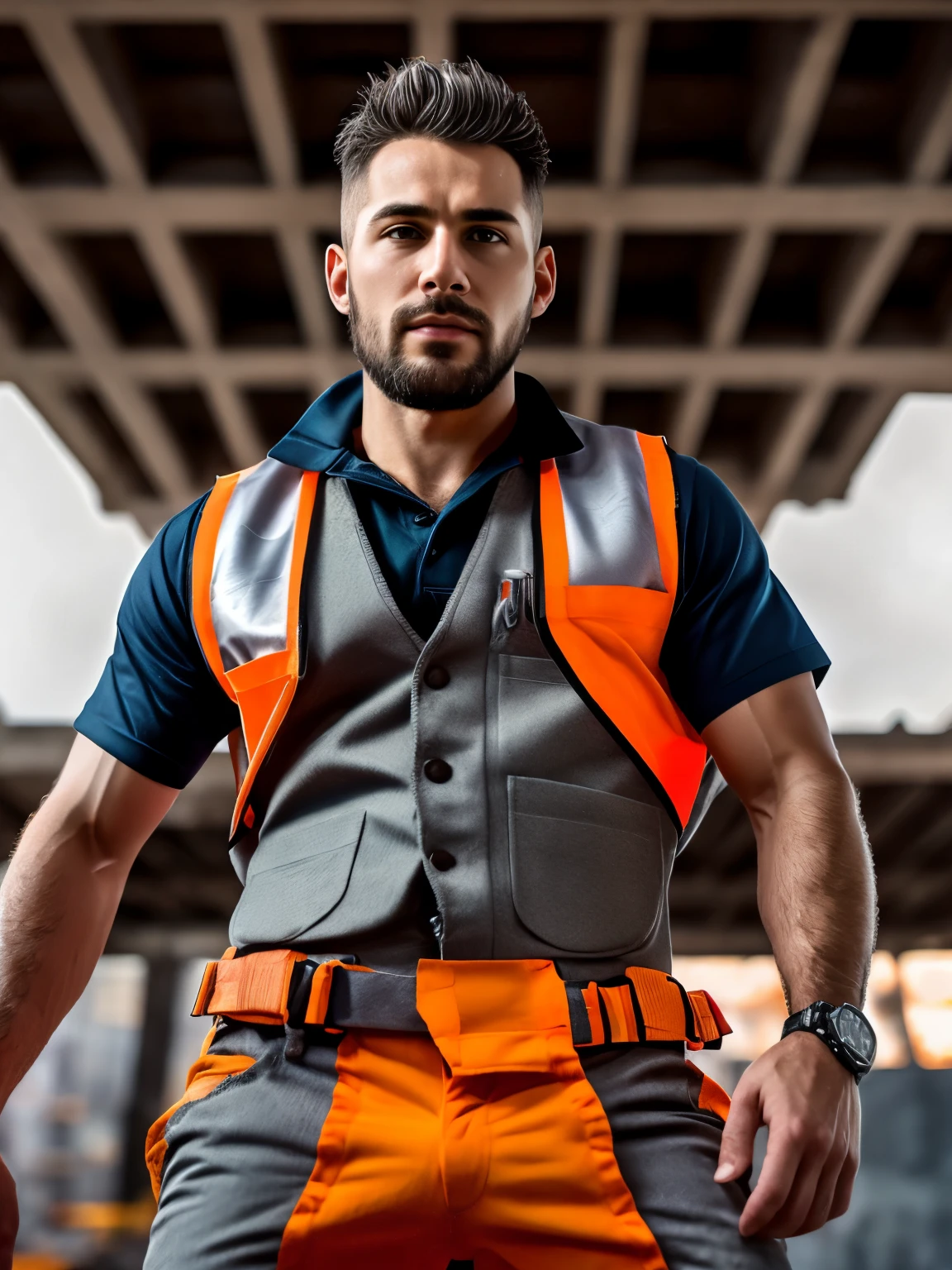 masterpiece, best quality, high resolution, closeup portrait, close up, pretty portrait, male focus, solo focus, A man, 25 years old, with construction worker uniform, unbuttoned work clothes, construction worker, silver grey hair, messy hairstyle, bulge, masculine, cute and seductive face, bare chest, body hair, facial hair, roman nose, sweaty, spreading legs, hairy abs,  hairy armpit, pubic hair, seductive, very skinny body, hairy legs, dimples, beard, goatee, bold jawline , in the background a construction site, orange safety vest, gay , erotic, view from below, amazing composition, front view, HDR, ultra quality, elegant, highly detailed