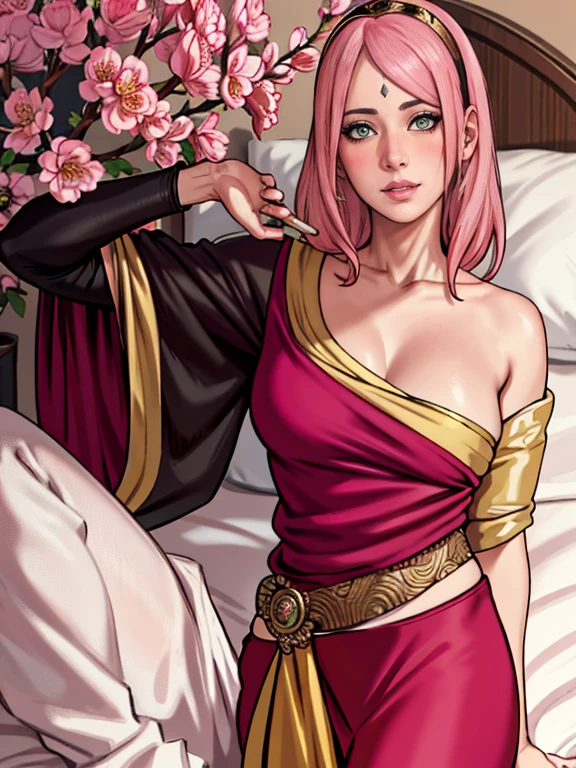 masterpiece, absurdres, sakura\(boruto\), 1girl, solo,mature female, wearing indian saree, saree has black blouse, golden dupatta and golden pallu, looking at viewelling petals), perfect composition, detailed lips, big breast, beautiful face, body propotion, blush, (pink lips), long pink hair, hair over shoulder, Green-eyed, soft gaze, super realistic, detailed, photoshoot, realistic face and body, in bed, view from above, forehead jewel, laying in bed