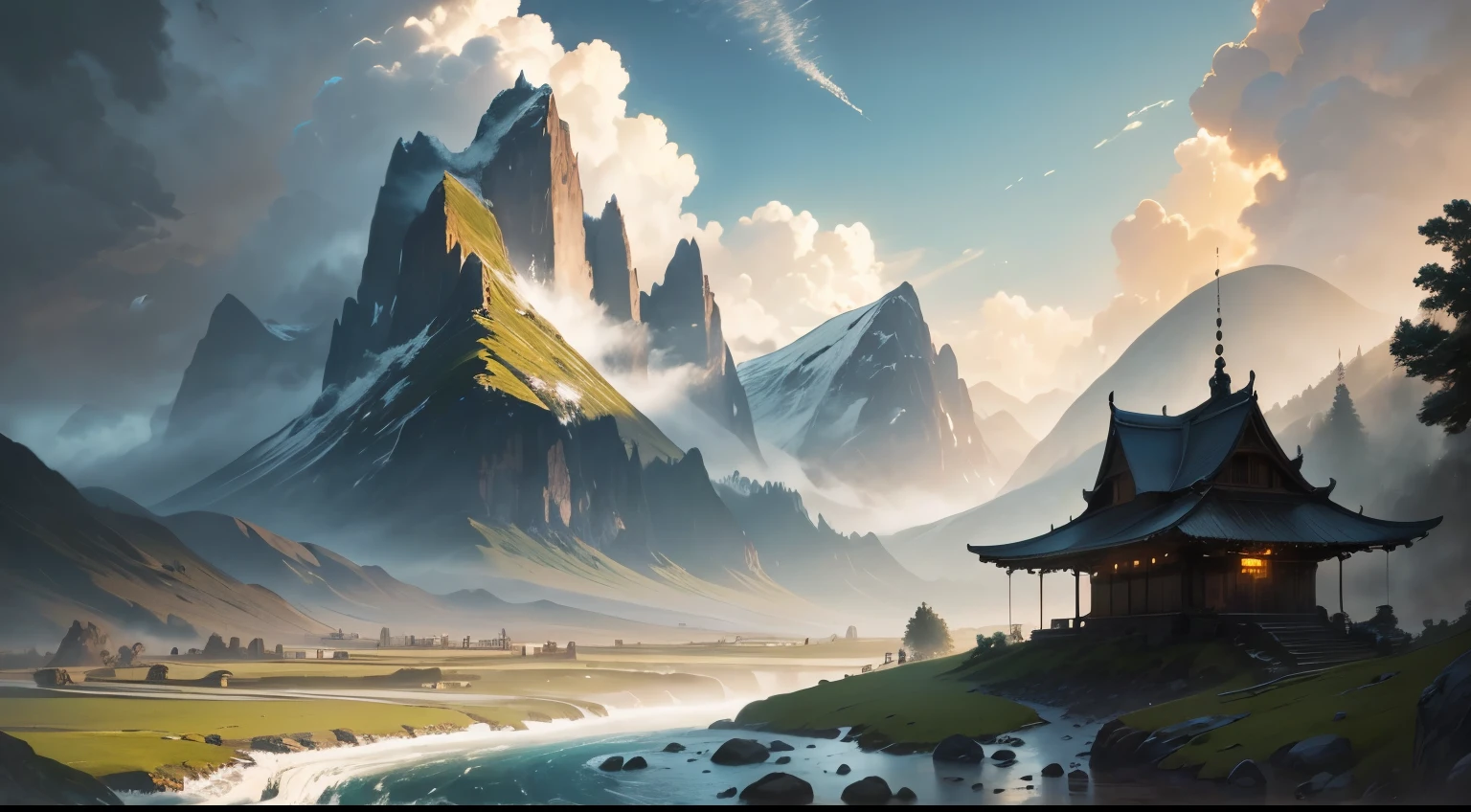 A magnificent landscape painting, towering mountains piercing the clouds, at the foot of the mountain is a meandering stream, the water is clear and transparent, with lush trees on both sides. On the left side of the picture, there is an ancient stone bridge spanning the stream, on which an elderly man is admiring the scenery. There are several white clouds in the sky, and the sunlight penetrates through the clouds and sprinkles on the earth, adding a touch of vitality to the entire picture. High resolution image, high quality photorealistic painting art by Greg Rutkowski, Alphonse Mucha, Rembrandt van Rijn, trending on DeviantArt, ArtStation, CGSociety. Intricate details, sharp focus, dramatic atmosphere.