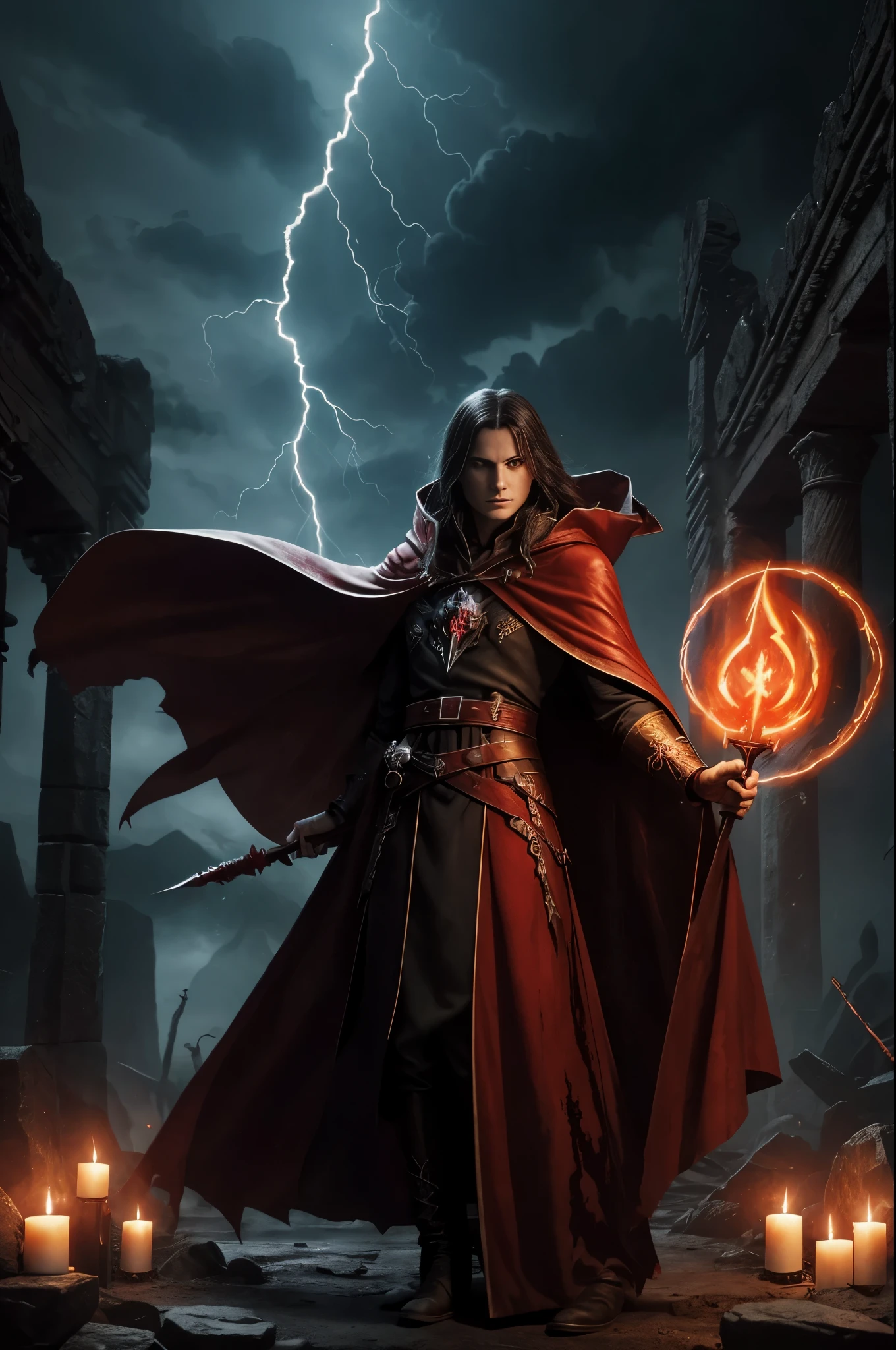 A blood mage, detailed red tunic, torn red cape, majestic scepter, red aura, dark and mysterious atmosphere, ancient ruins, flickering candlelight, intricate blood magic runes, intense concentration, sinister smile, blazing fire in the background, ominous shadows, glowing red eyes, arcane symbols, mystic energy, swirling clouds of crimson mist, blood-stained hands, powerful incantation, lightning bolts swirling around, ominous chanting, ethereal whispers, eerie silence, foreboding presence, blood-red moon, eerie moonlight, hauntingly beautiful, intense magical power, malevolent presence, spellbinding mastery.