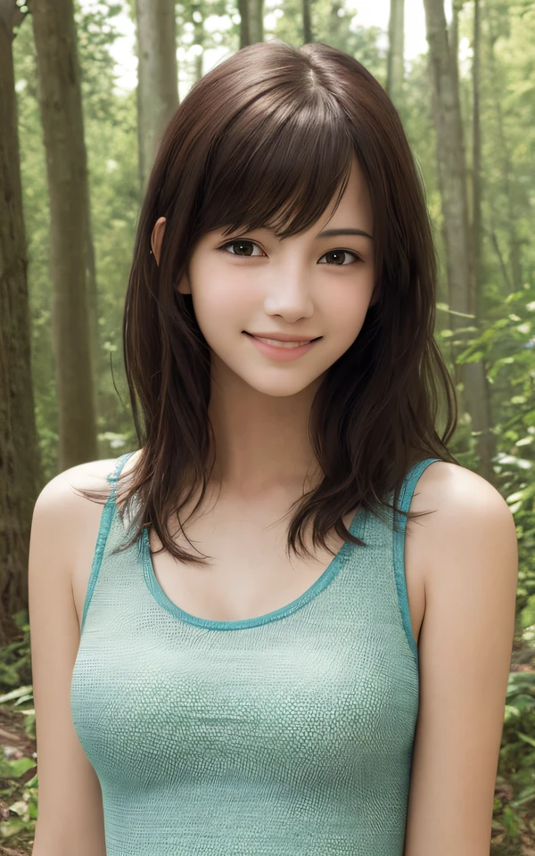 (realistic pictures of cute girls), tank top, smiling, forest