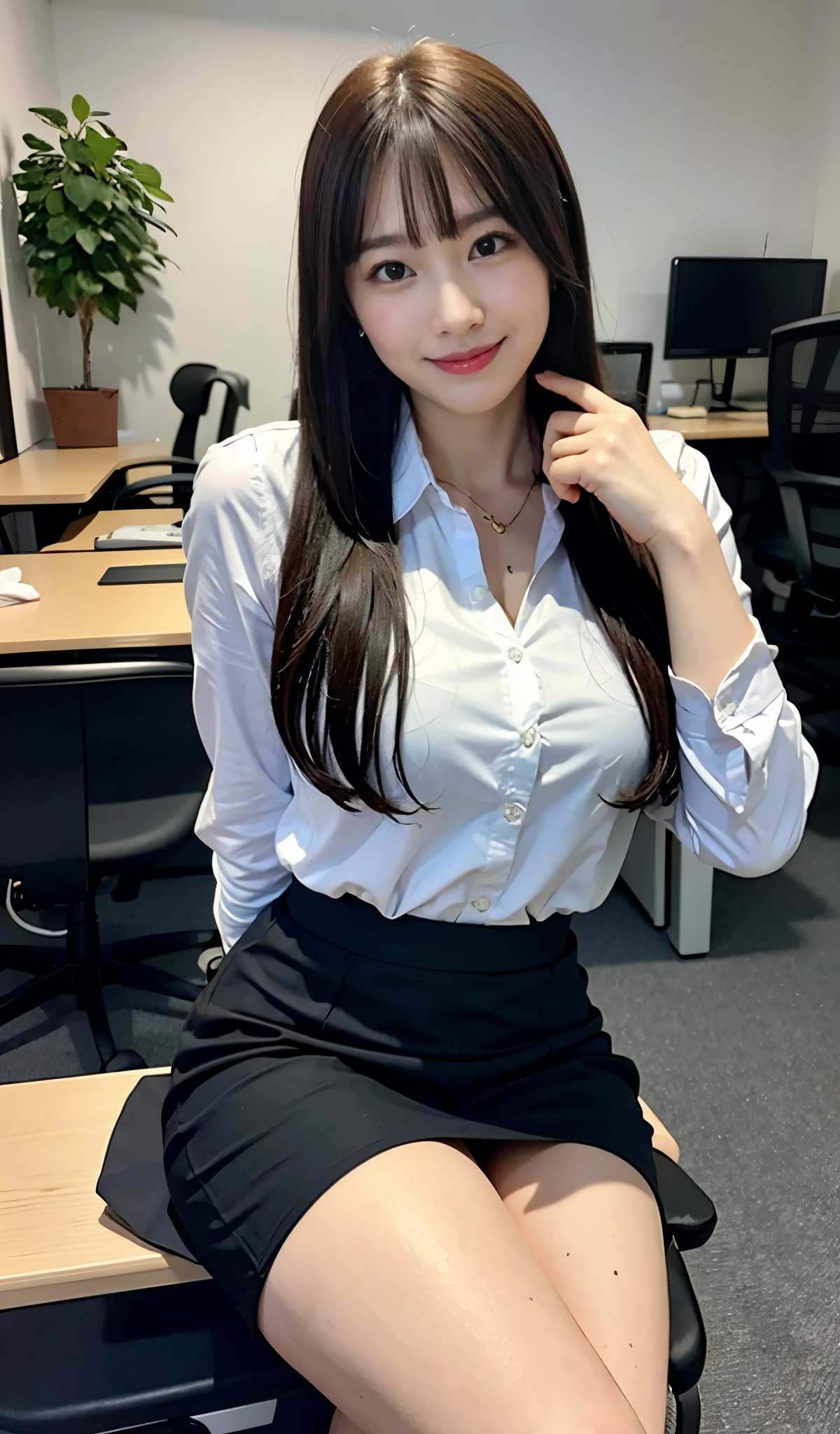 (sitting on a desk), 1 woman, solo, thick thighs, beautiful legs, office lady, realistic, raw photo, business suit, skirt, bangs, pantyhose, looking at viewer, best quality, large breast, smile, Realistic Skin Textures, full body,