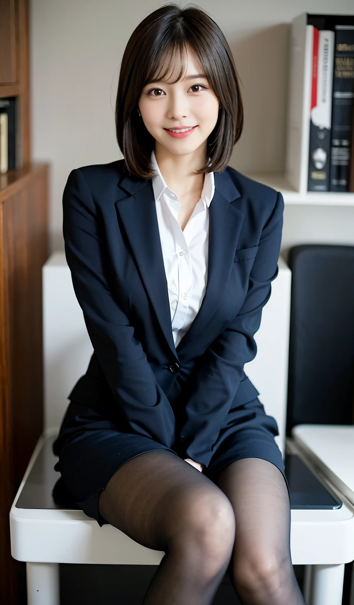 (sitting on a desk), 1 woman, solo, thick thighs, beautiful legs, office lady, realistic, raw photo, business suit, skirt, short hair, bangs, pantyhose, looking at viewer, best quality, large breast, smile, Realistic Skin Textures, full body,