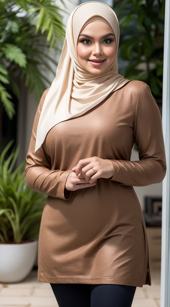 1 malay woman in hijab, attractive woman, smile, wearing cardigan, wearing tights bootcut pants, ((BBW)), ((CHUBBY)), ((BIG TITS)), Collosal tits, gigantic massive breasts, ((HEAVY WIDE BUTT)), gigantic butt, fat ass, full body 